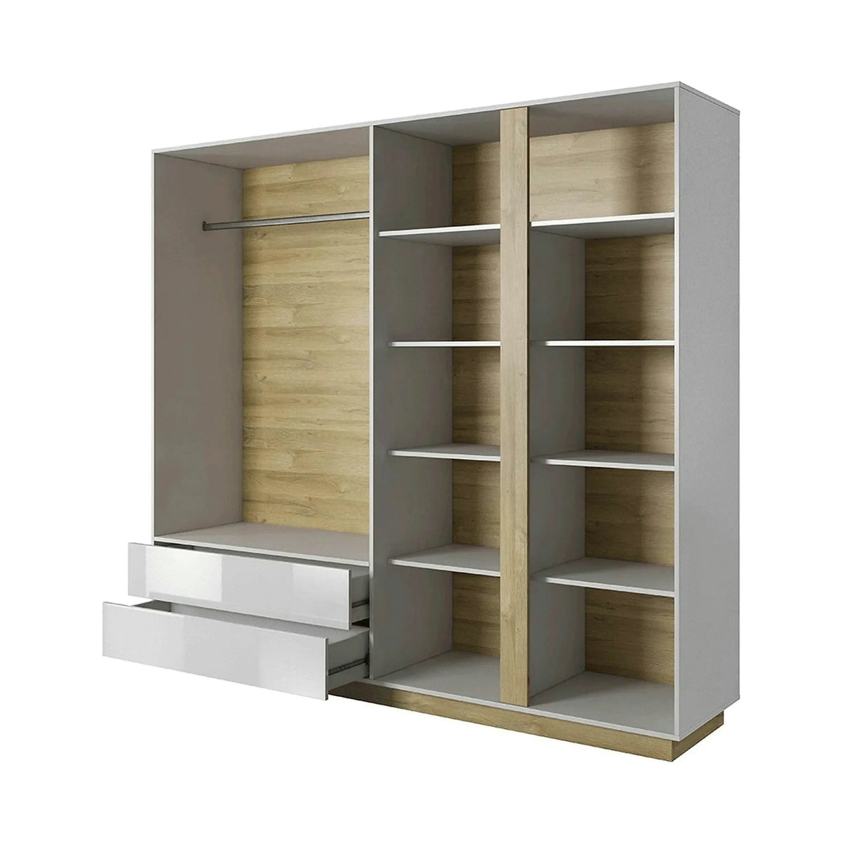 Dressing CITY, alb/stejar grandson, PAL laminat, cu iluminare LED, cu 4 usi si 2 sertare, 220x54x202 cm