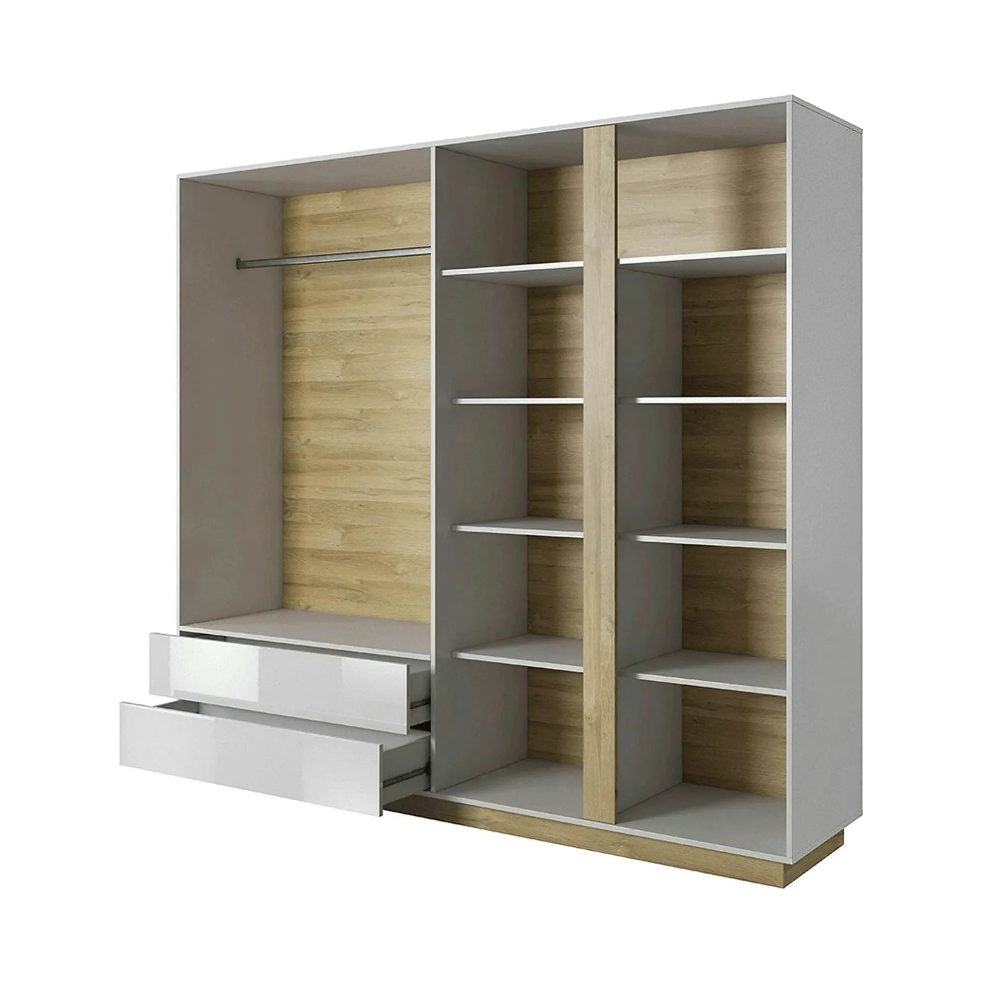 Dressing CITY, alb/stejar grandson, PAL laminat, cu iluminare LED, cu 4 usi si 2 sertare, 220x54x202 cm