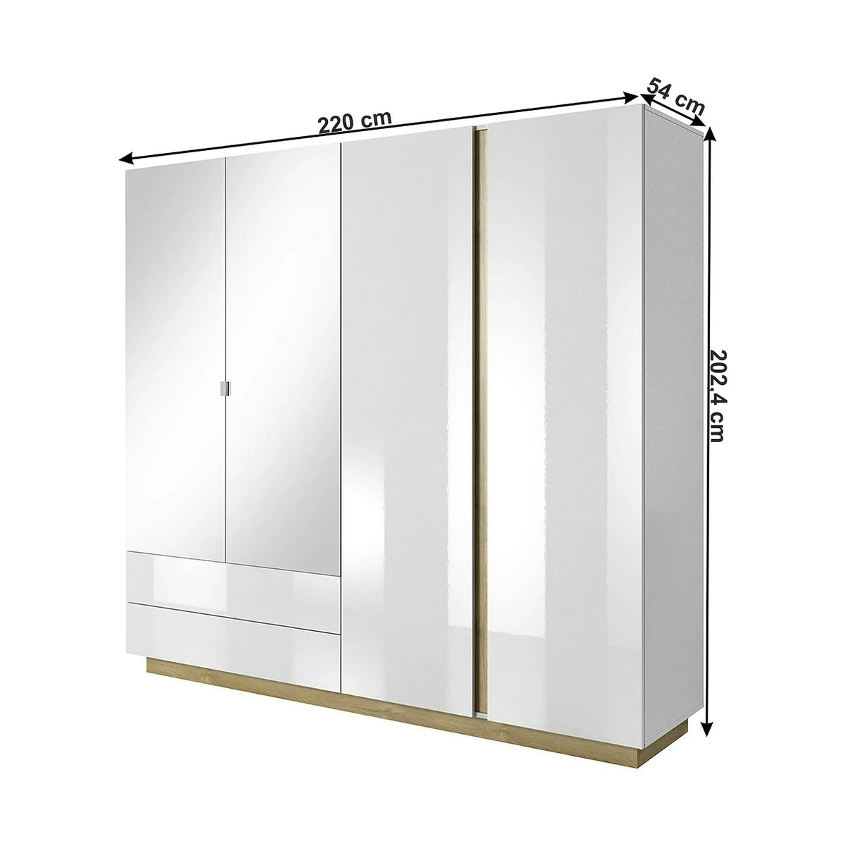 Dressing CITY, alb/stejar grandson, PAL laminat, cu iluminare LED, cu 4 usi si 2 sertare, 220x54x202 cm