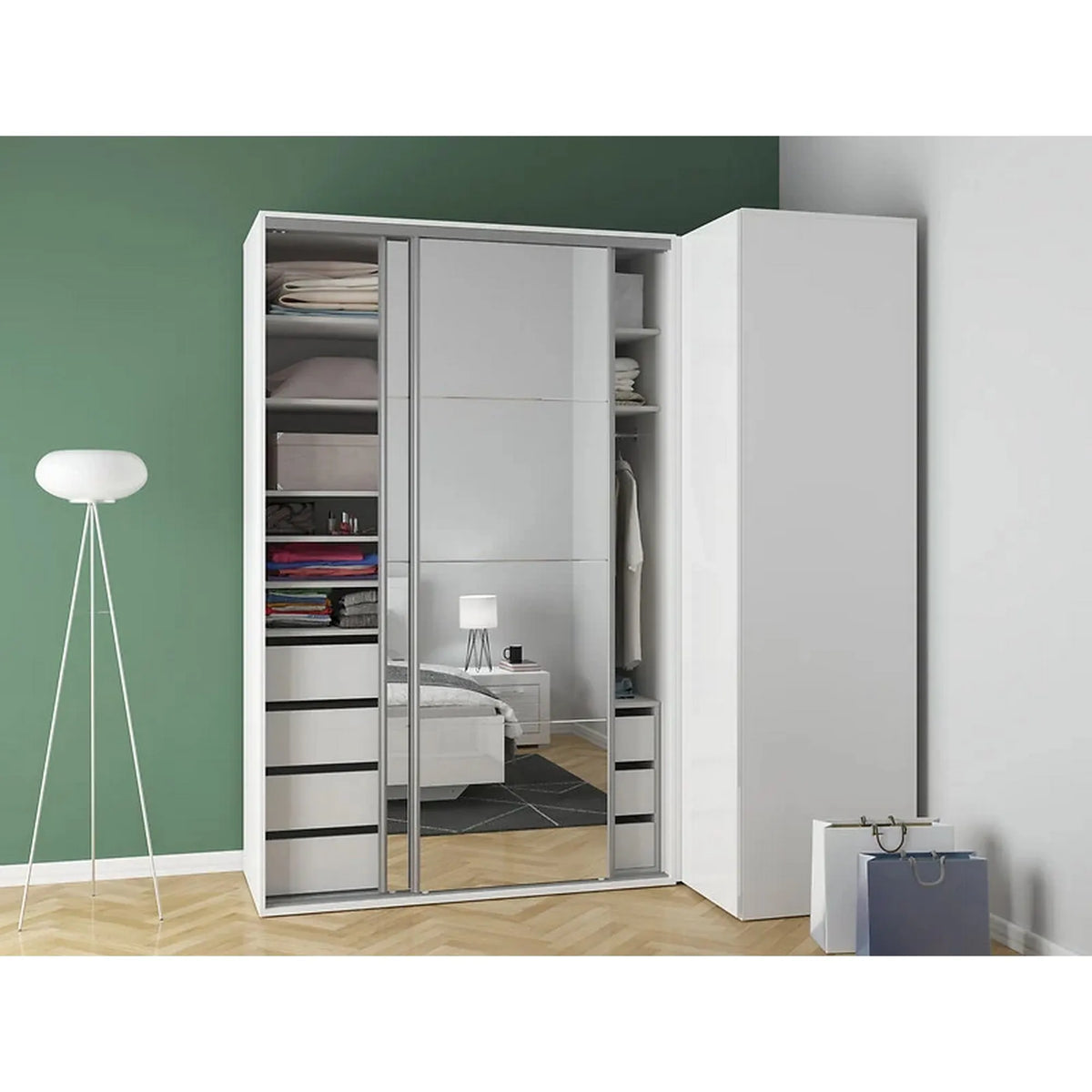 Dressing FLEX, alb lucios, PAL, cu 3 usi, 220x116x240 cm