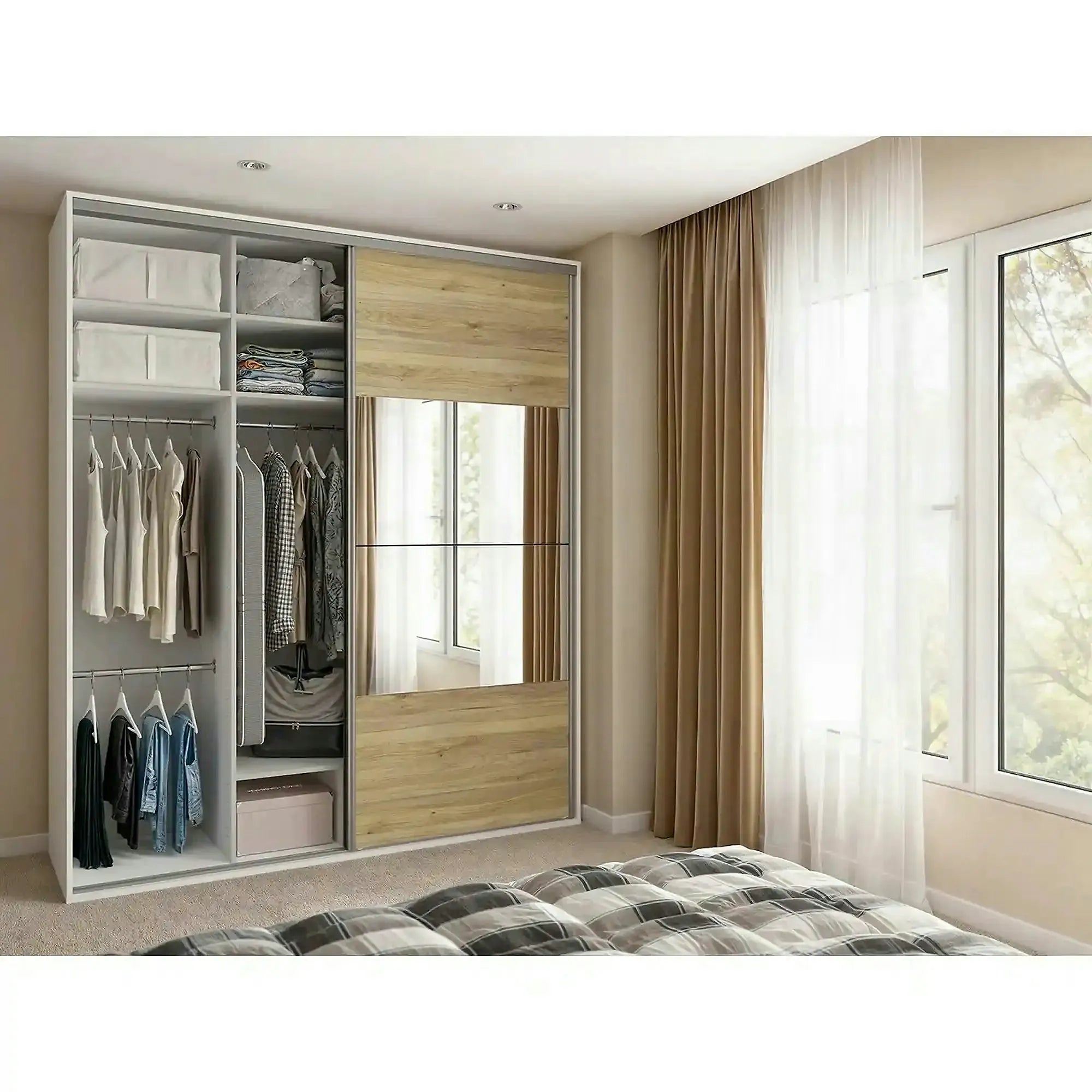 Dressing FLEX, alb/stejar, PAL, cu 2 usi, 200x66x240 cm
