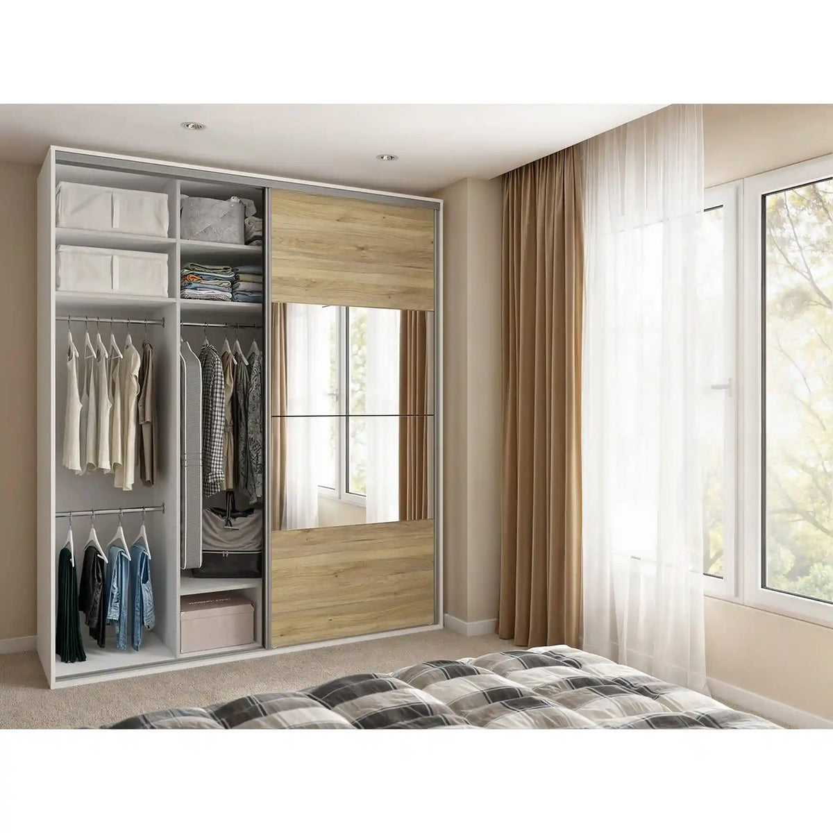 Dressing FLEX, alb/stejar, PAL, cu 2 usi, 200x66x240 cm
