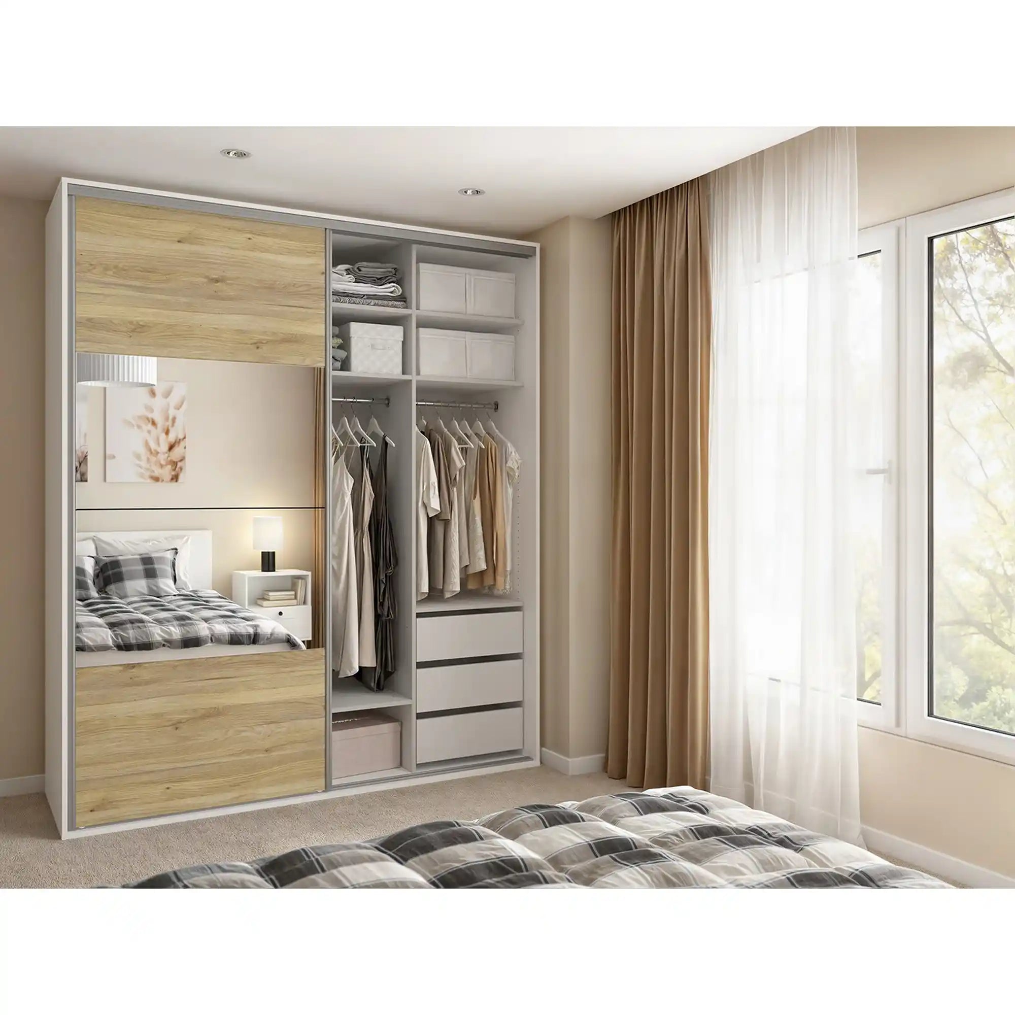 Dressing FLEX, alb/stejar, PAL, cu 2 usi, 200x66x240 cm