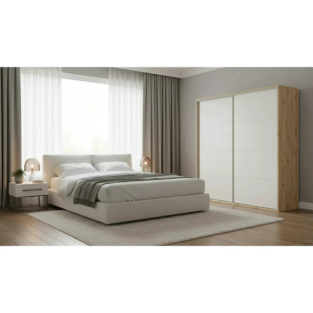 Dressing FLEX, casmir/stejar artisan, PAL, cu 2 usi glisante, 220x66x240 cm