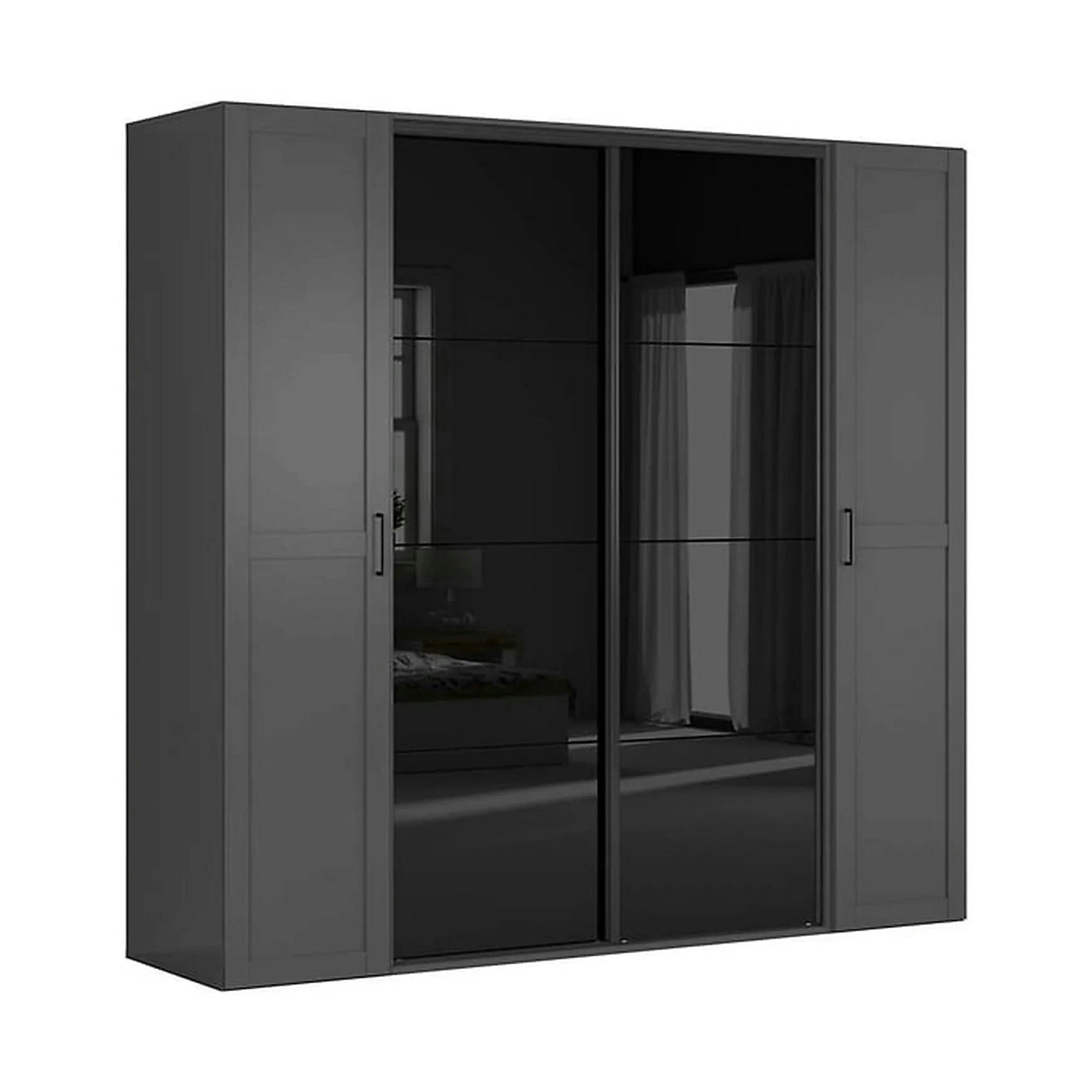 Dressing FLEX, gri grafit/negru lucios, PAL, cu 4 usi glisante, 220x66x218 cm