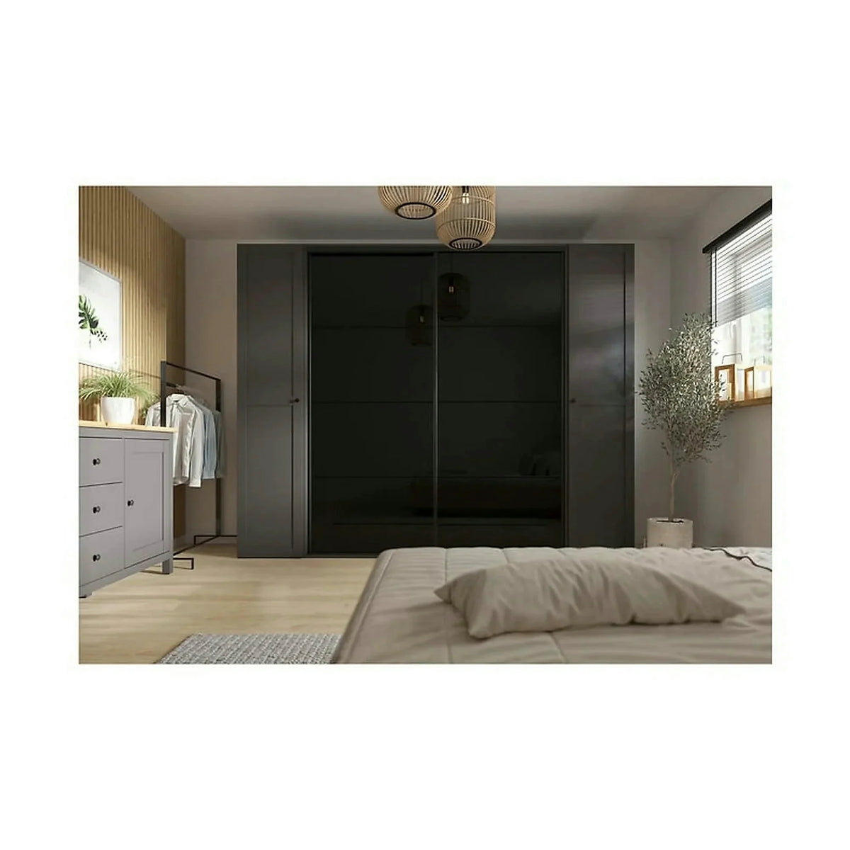 Dressing FLEX, gri grafit/negru lucios, PAL, cu 4 usi glisante, 220x66x218 cm