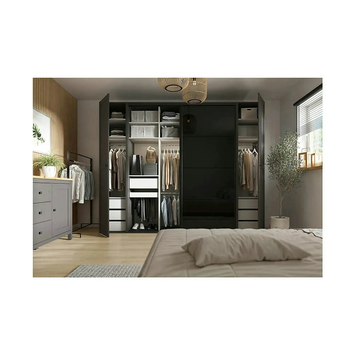 Dressing FLEX, gri grafit/negru lucios, PAL, cu 4 usi glisante, 220x66x218 cm