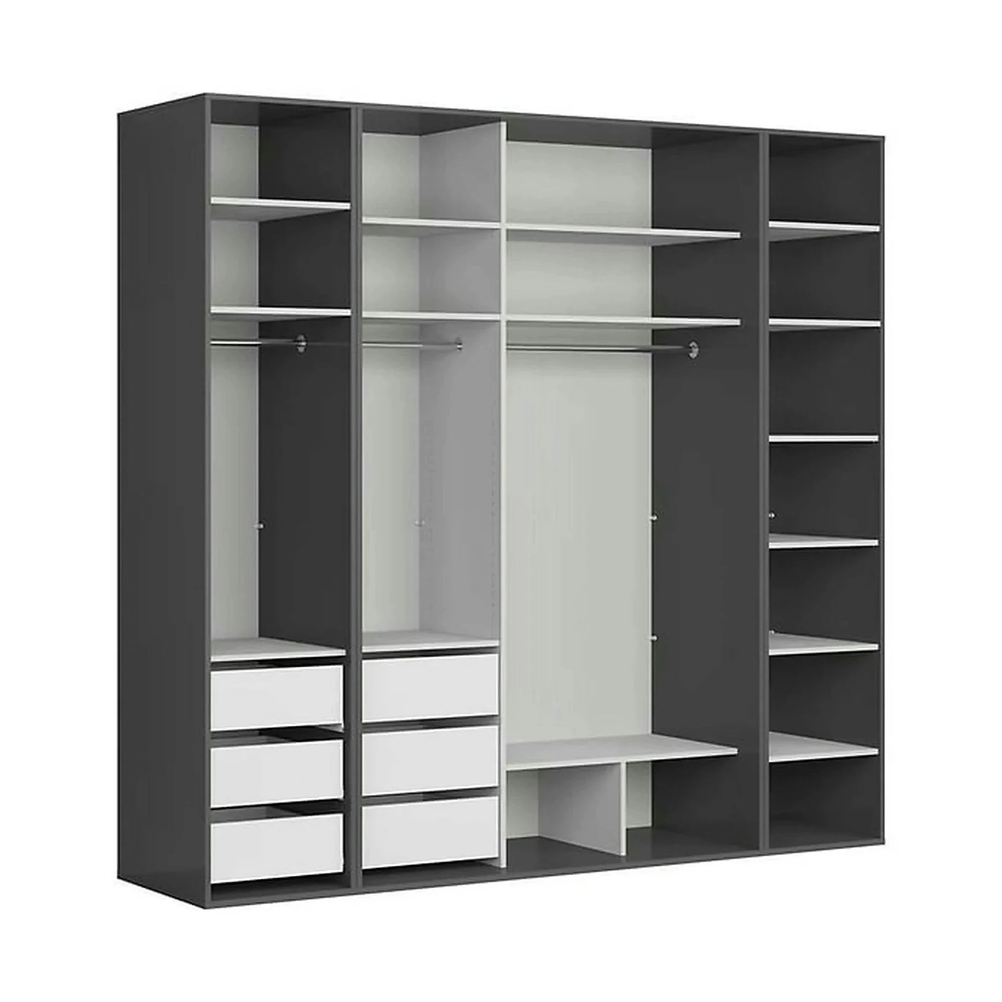 Dressing FLEX, gri grafit/negru lucios, PAL, cu 4 usi glisante, 220x66x218 cm