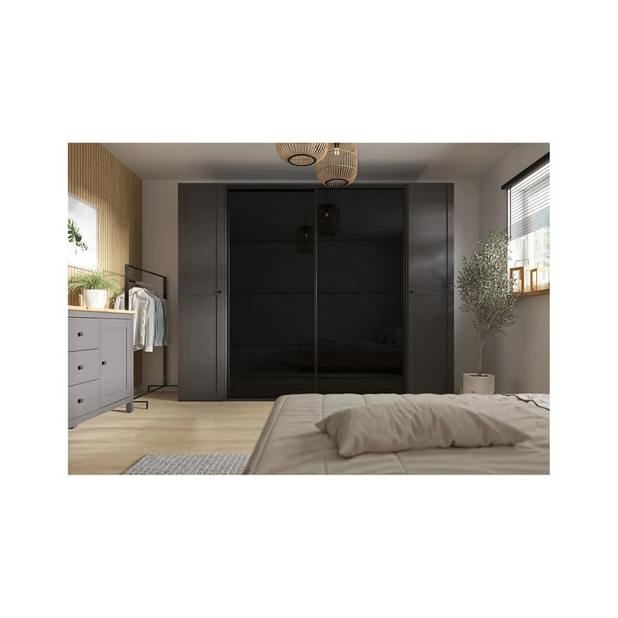 Dressing FLEX, gri grafit/negru lucios, PAL, cu 4 usi glisante, 220x66x218 cm