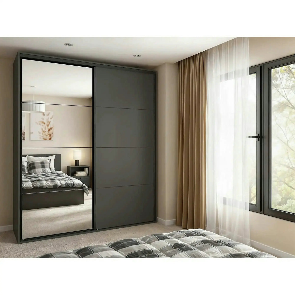 Dressing FLEX, gri grafit, PAL, cu 2 usi si oglinda, 200x66x240 cm
