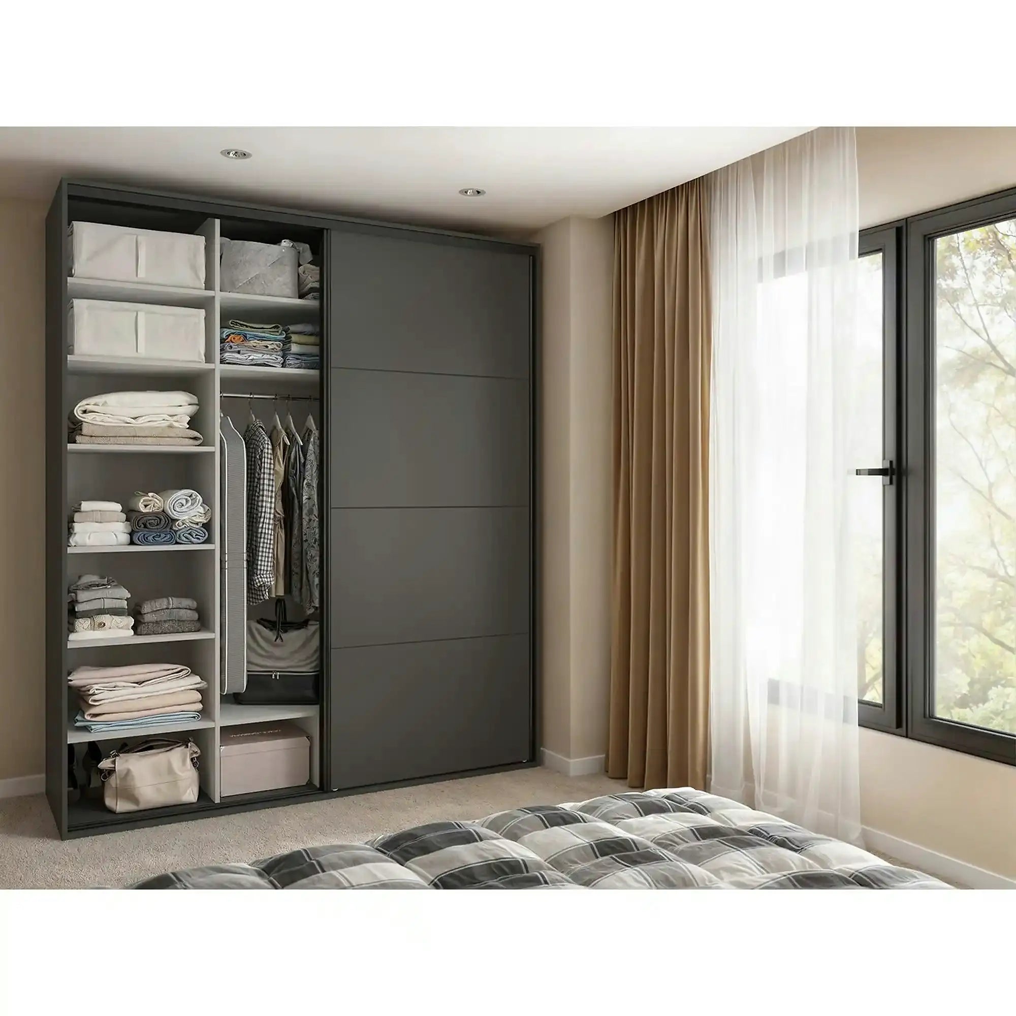 Dressing FLEX, gri grafit, PAL, cu 2 usi si oglinda, 200x66x240 cm