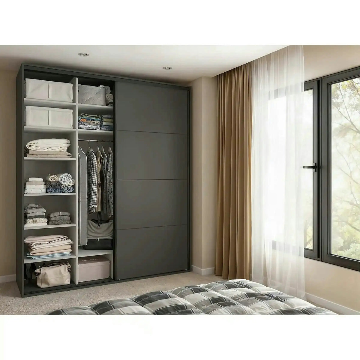 Dressing FLEX, gri grafit, PAL, cu 2 usi si oglinda, 200x66x240 cm