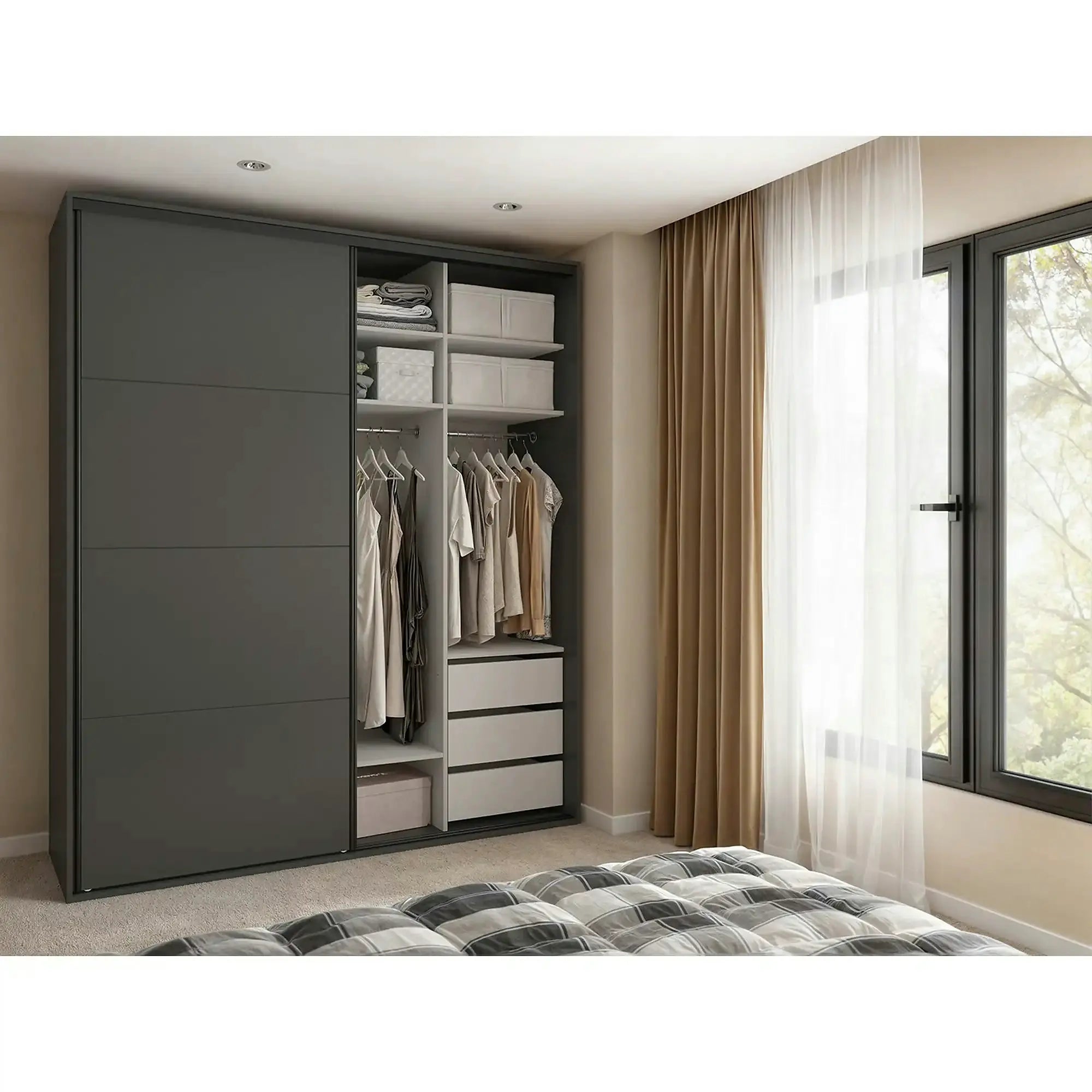 Dressing FLEX, gri grafit, PAL, cu 2 usi si oglinda, 200x66x240 cm
