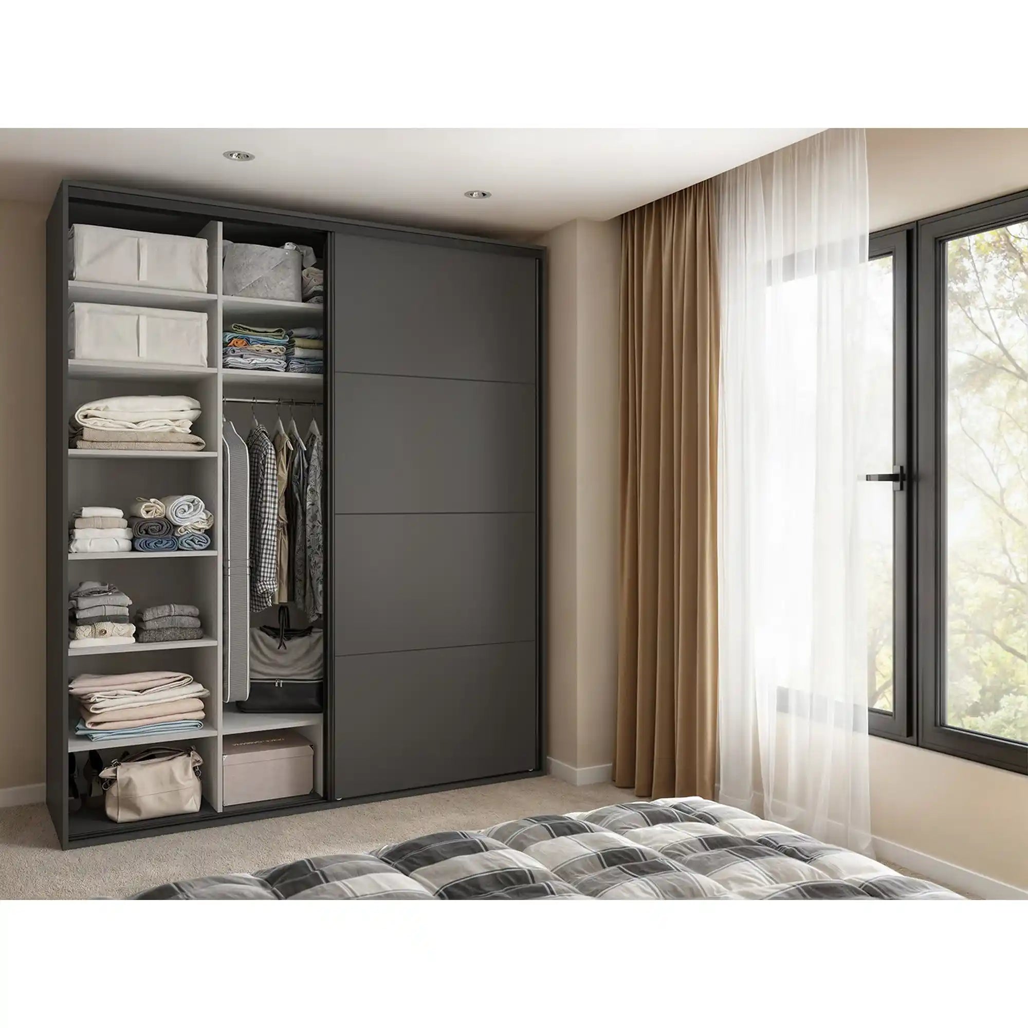 Dressing FLEX, gri grafit, PAL, cu 2 usi si oglinda, 200x66x240 cm