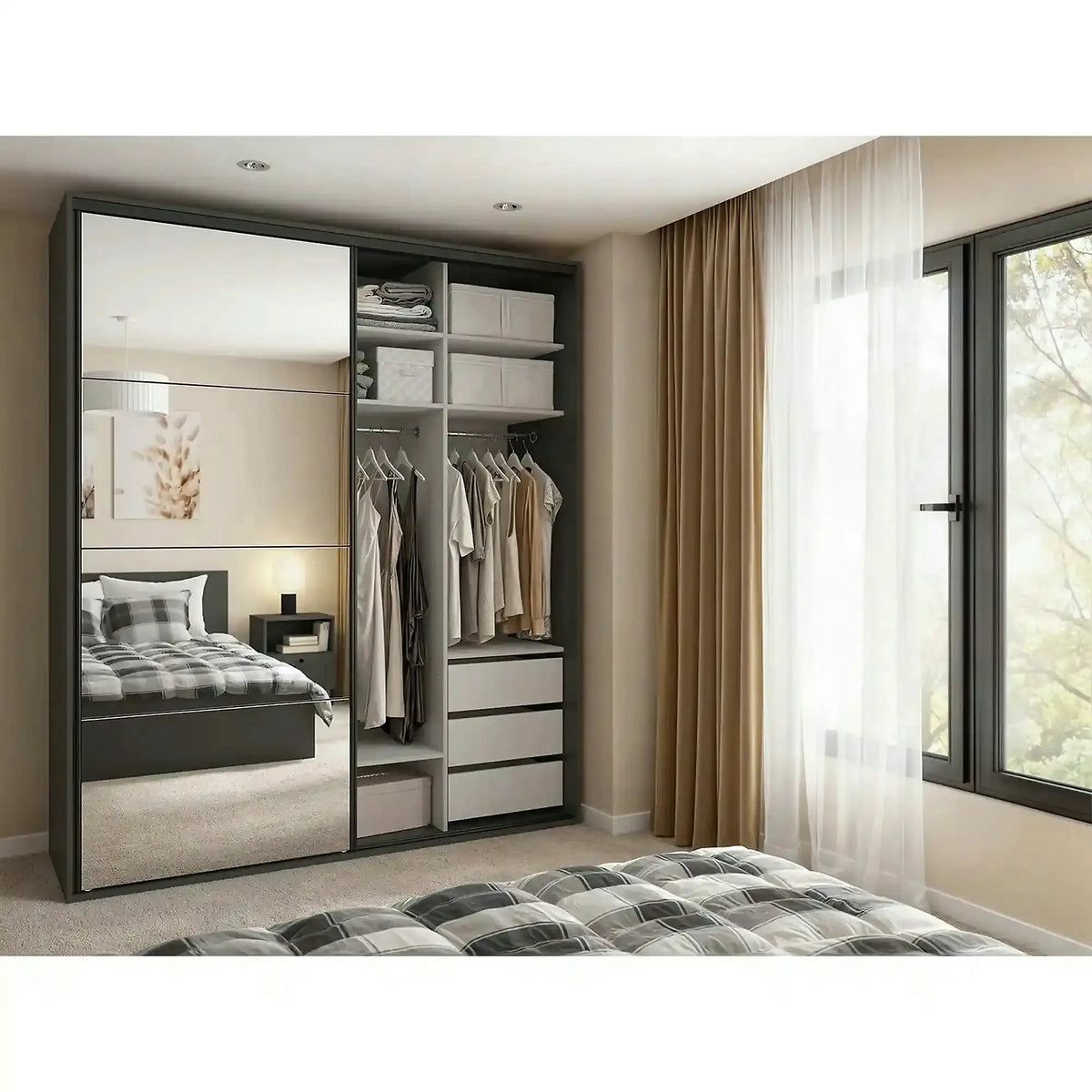 Dressing FLEX, gri grafit/stejar artisan, PAL, cu 2 usi, 200x66x240 cm