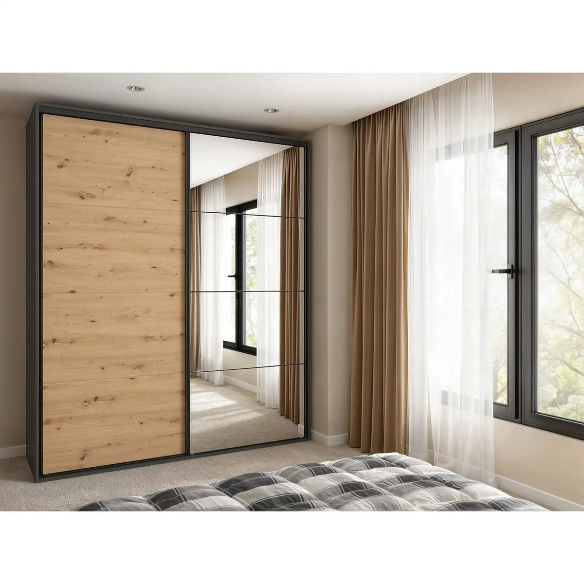 Dressing FLEX, gri grafit/stejar artisan, PAL, cu 2 usi, 200x66x240 cm