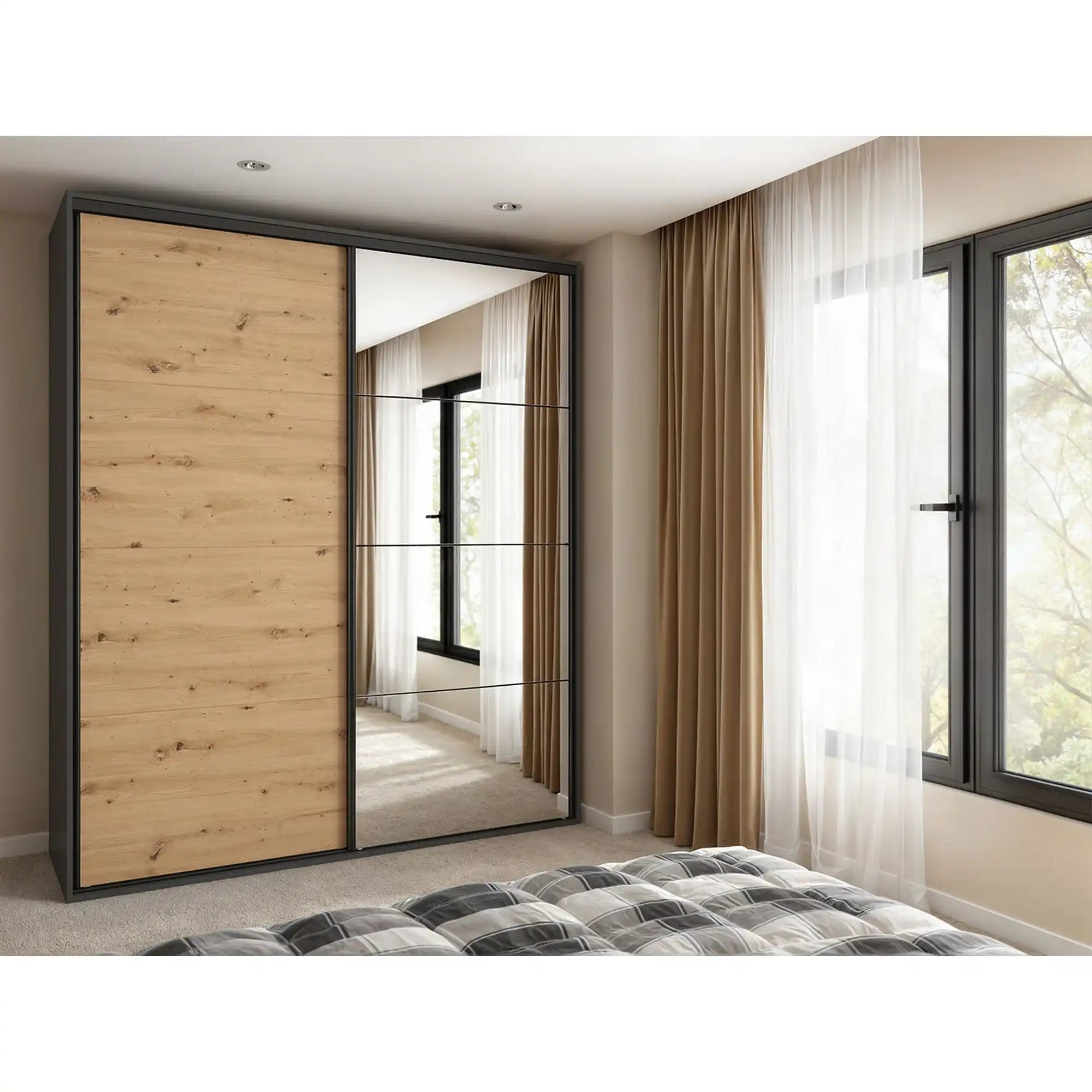 Dressing FLEX, gri grafit/stejar artisan, PAL, cu 2 usi, 200x66x240 cm