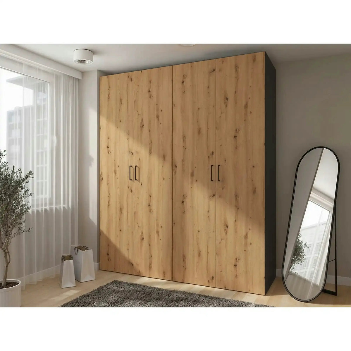 Dressing FLEX, gri grafit/stejar artisan, PAL, cu 4 usi, 200x66x240 cm