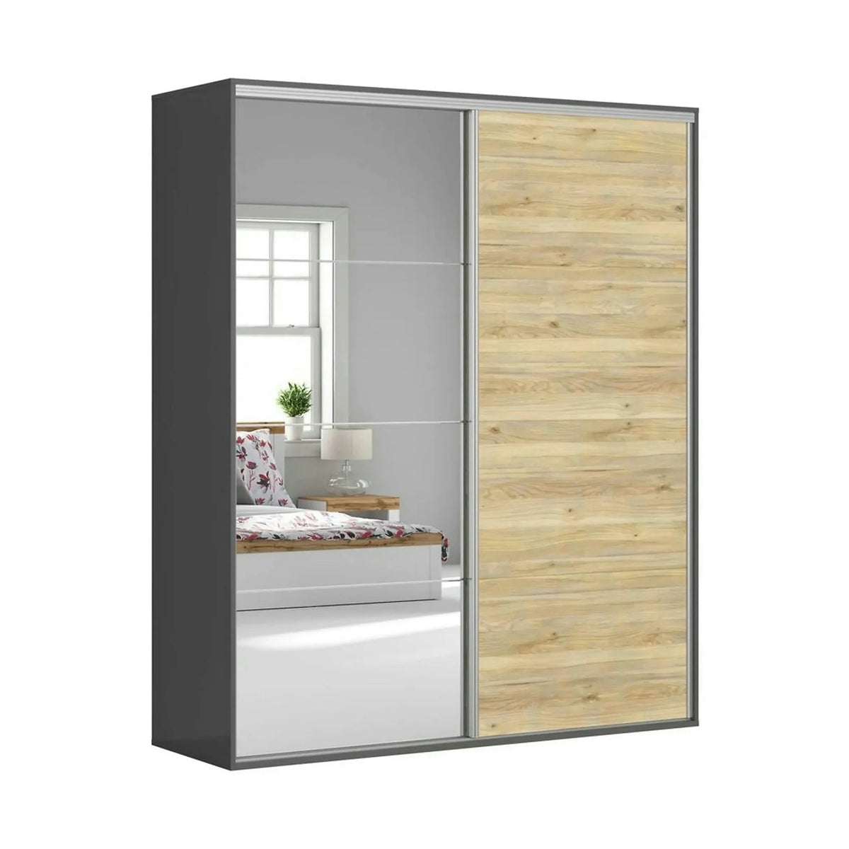 Dressing FLEX, gri grafit/stejar, PAL, cu 2 usi, 200x66x240 cm