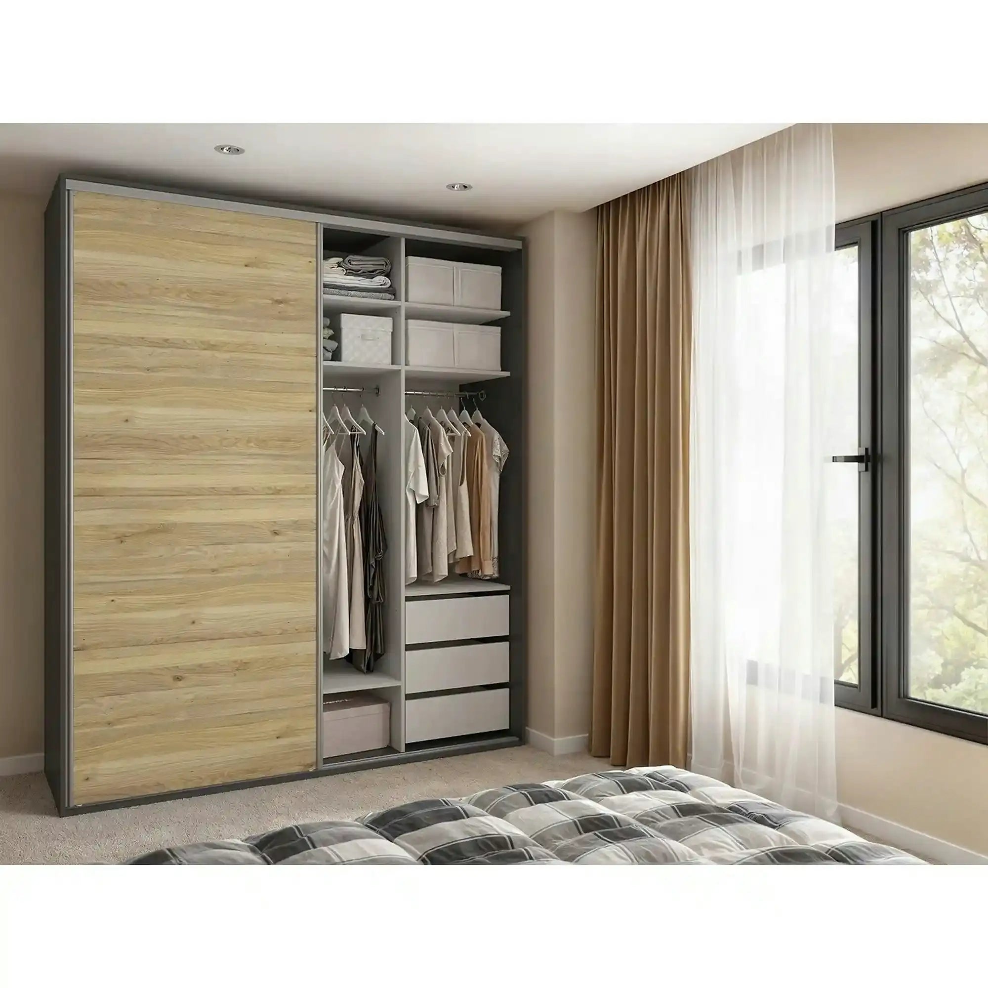 Dressing FLEX, gri grafit/stejar, PAL, cu 2 usi, 200x66x240 cm