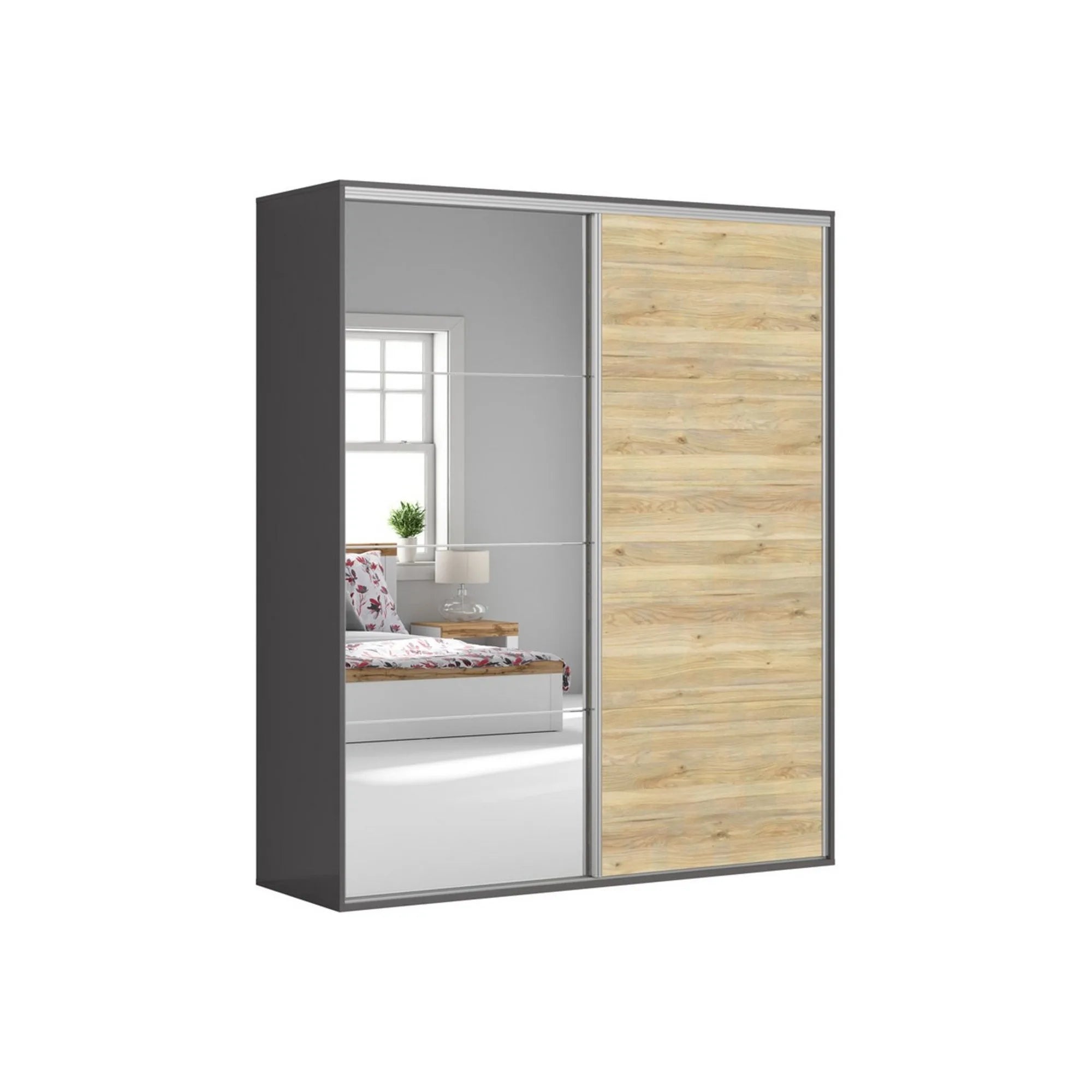 Dressing FLEX, gri grafit/stejar, PAL, cu 2 usi, 200x66x240 cm