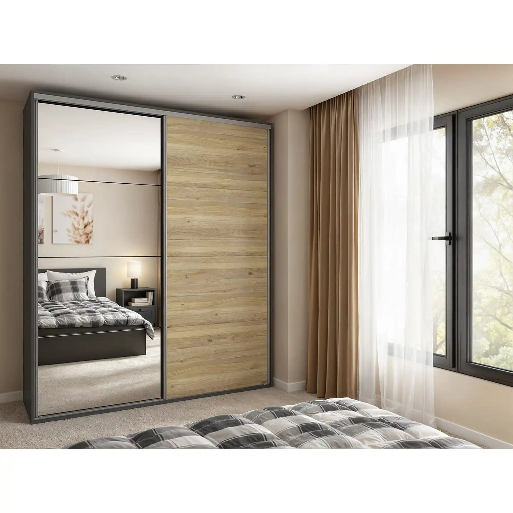 Dressing FLEX, gri grafit/stejar, PAL, cu 2 usi, 200x66x240 cm