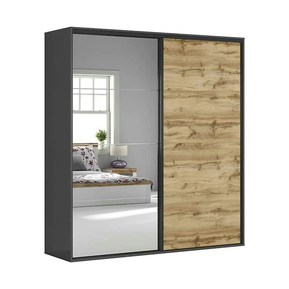 Dressing FLEX, gri grafit/stejar wotan, PAL, cu 2 usi si oglinda, 220x66x240 cm