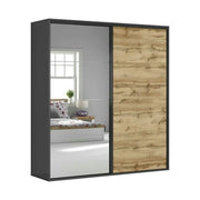 Dressing FLEX, gri grafit/stejar wotan, PAL, cu 2 usi si oglinda, 220x66x240 cm