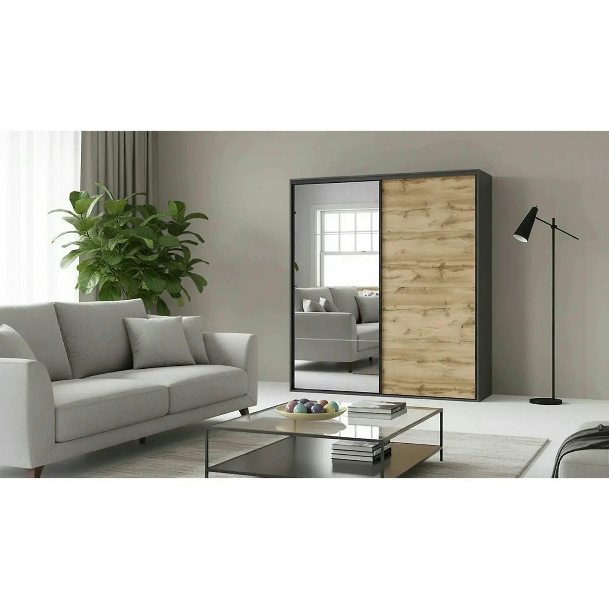 Dressing FLEX, gri grafit/stejar wotan, PAL, cu 2 usi si oglinda, 220x66x240 cm