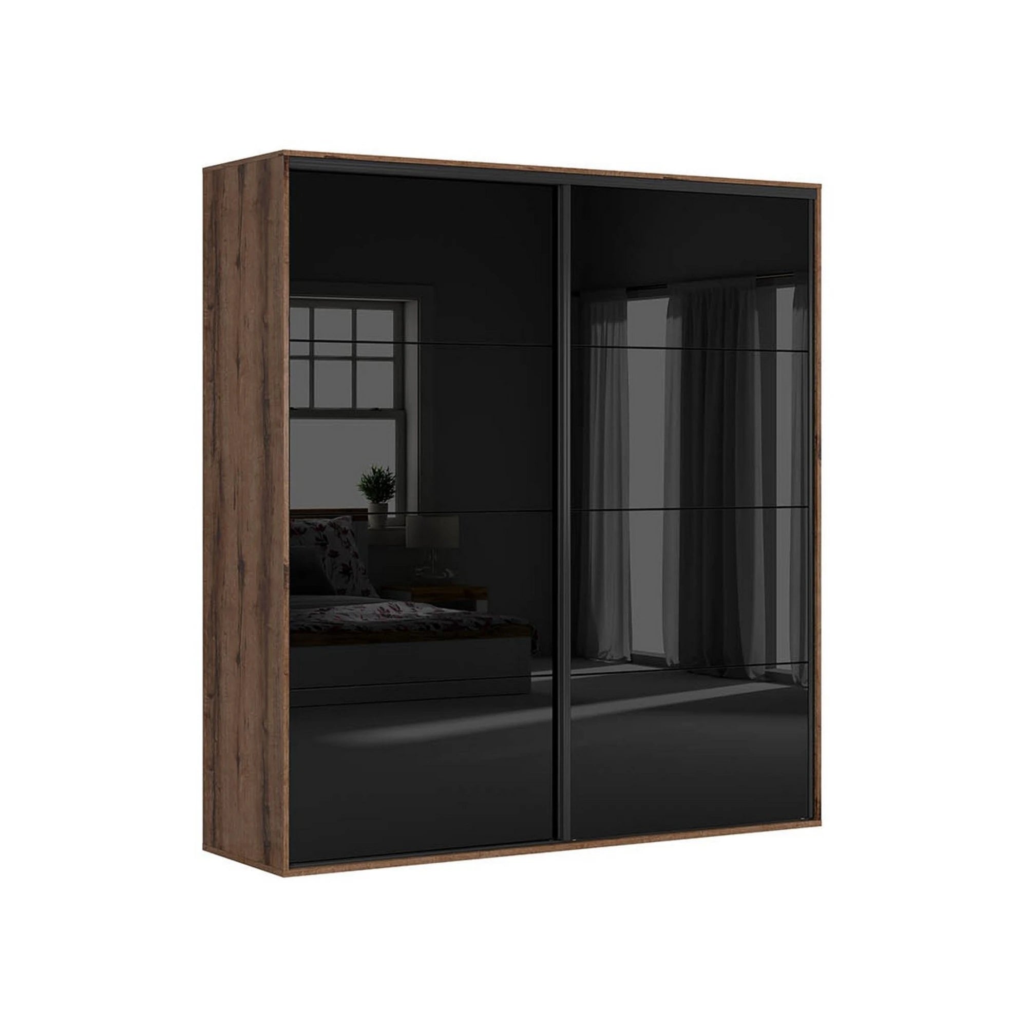 Dressing FLEX, stejar inchis/negru lucios, PAL, cu 2 usi glisante, 220x66x240 cm