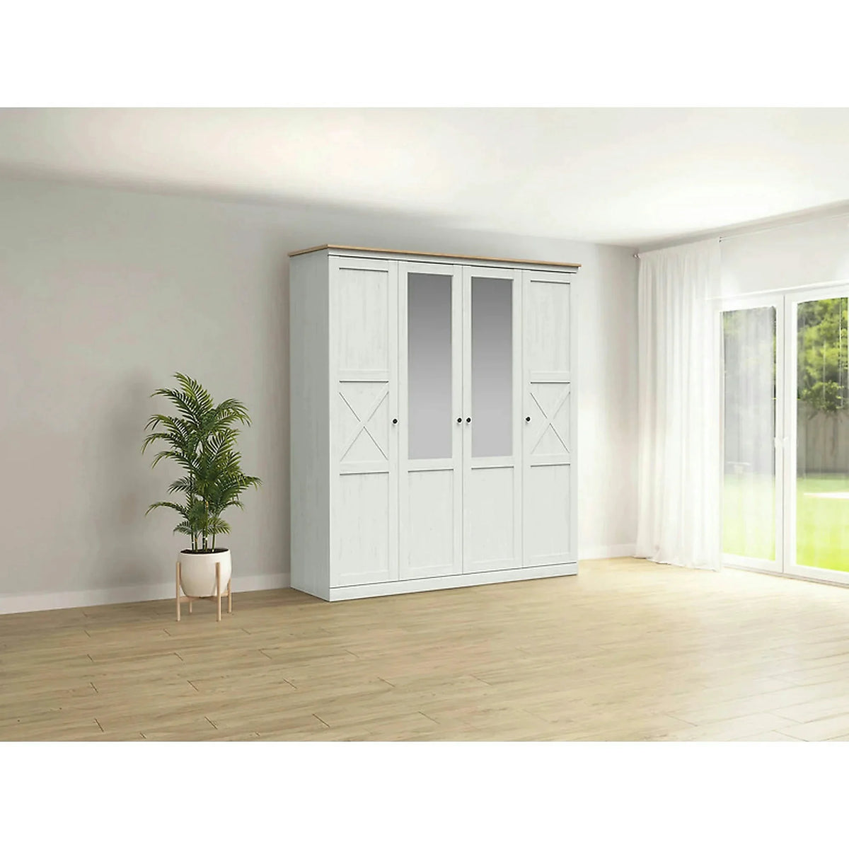 Dressing FRIJA, alb/stejar artisan, PAL melaminat, cu 4 usi, 203x58x220 cm