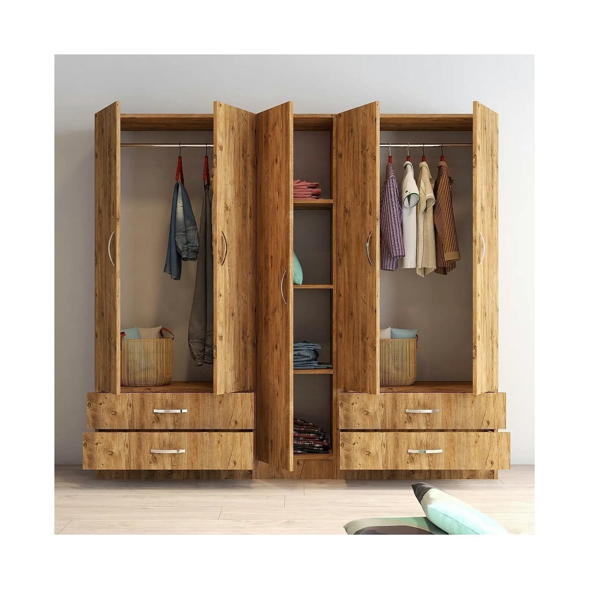 Dressing GRD0702, stejar, PAL melaminat, cu 5 usi si 4 sertare, 200x47x182 cm