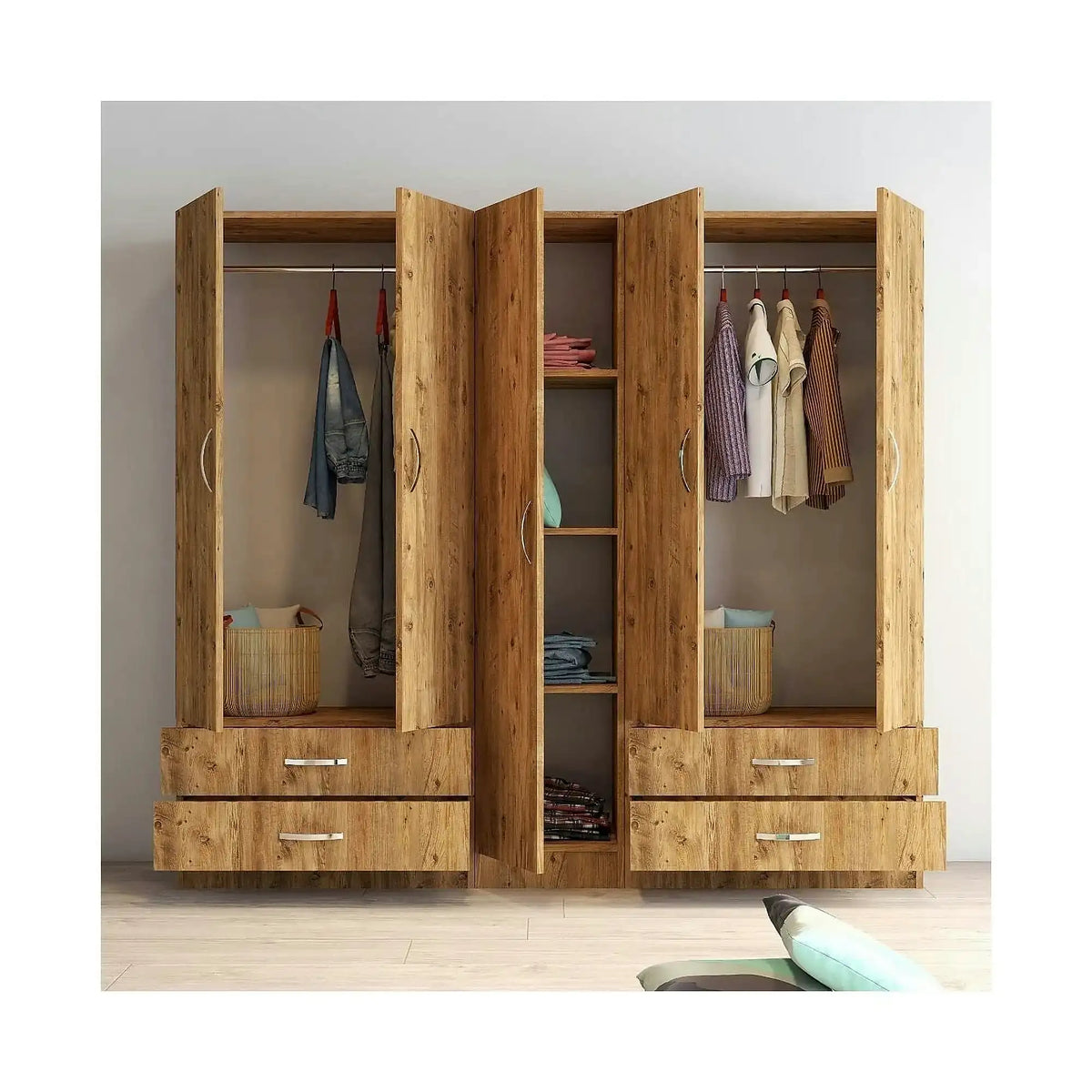 Dressing GRD0702, stejar, PAL melaminat, cu 5 usi si 4 sertare, 200x47x182 cm