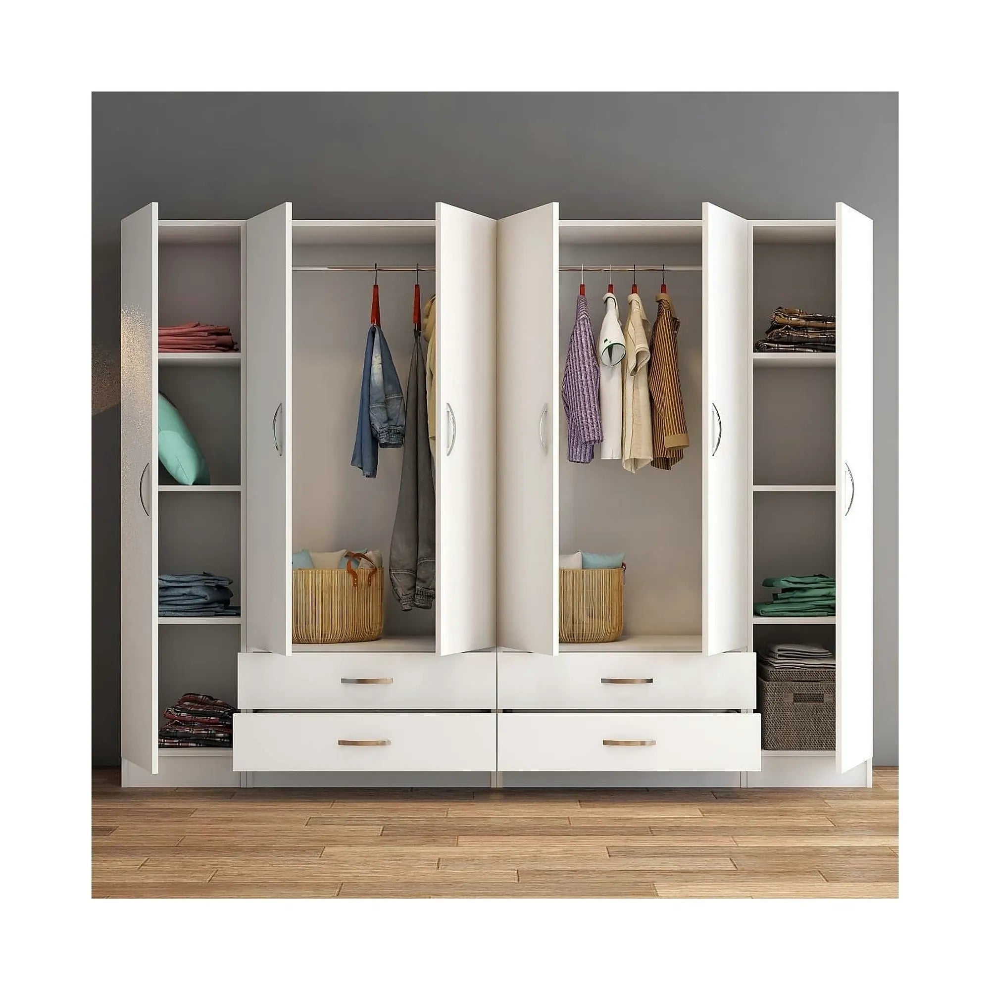 Dressing GRD0801, alb, PAL melaminat, cu 6 usi si 4 sertare, 240x46x182 cm