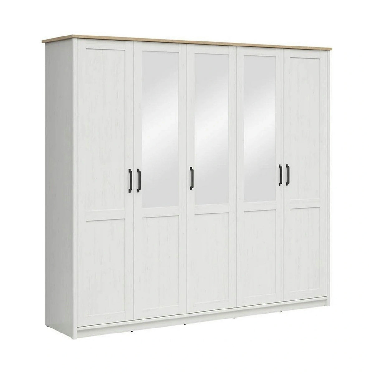 Dressing LOKSA, pin alb/stejar grandson, PAL laminat, cu 5 usi, 241x58x220 cm