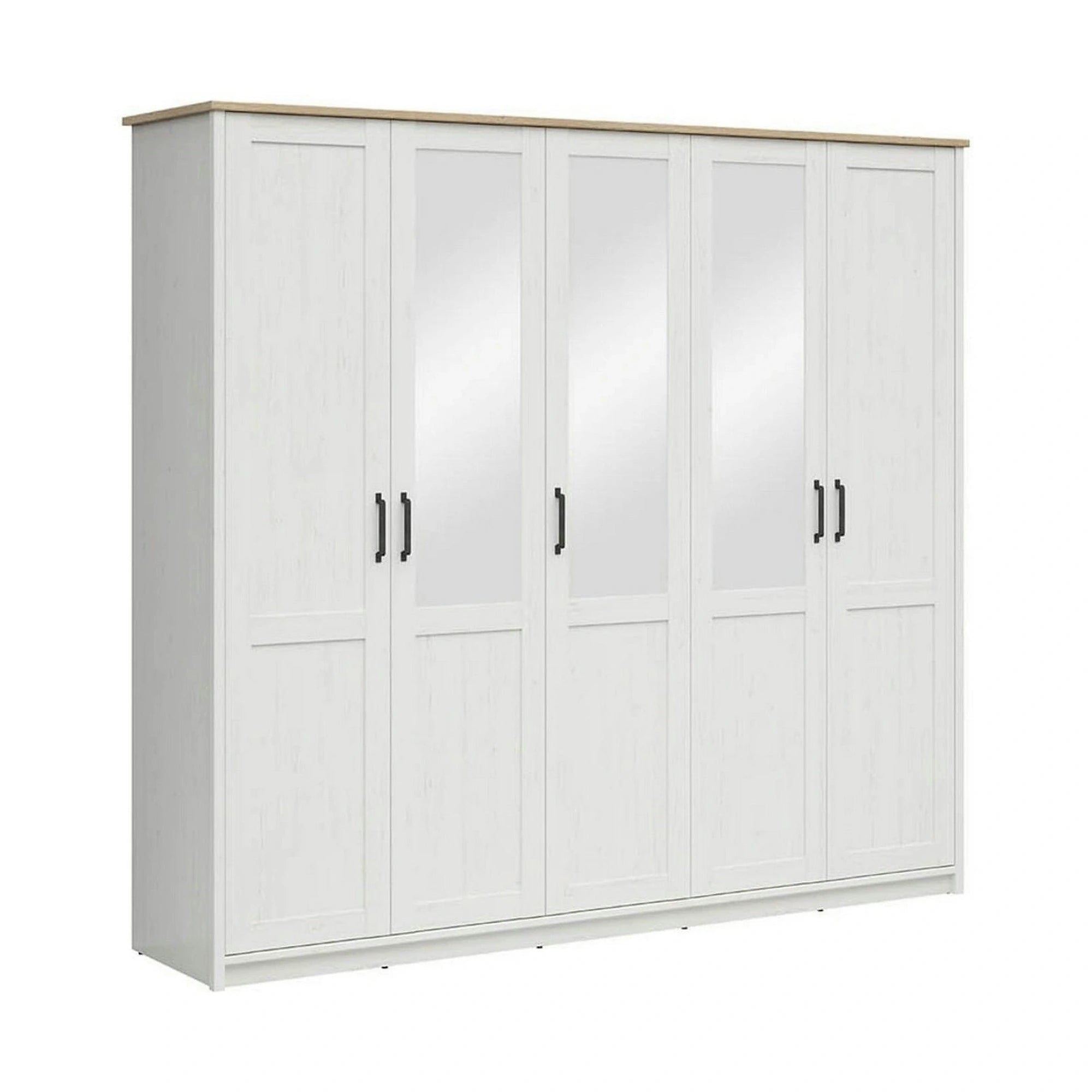 Dressing LOKSA, pin alb/stejar grandson, PAL laminat, cu 5 usi, 241x58x220 cm