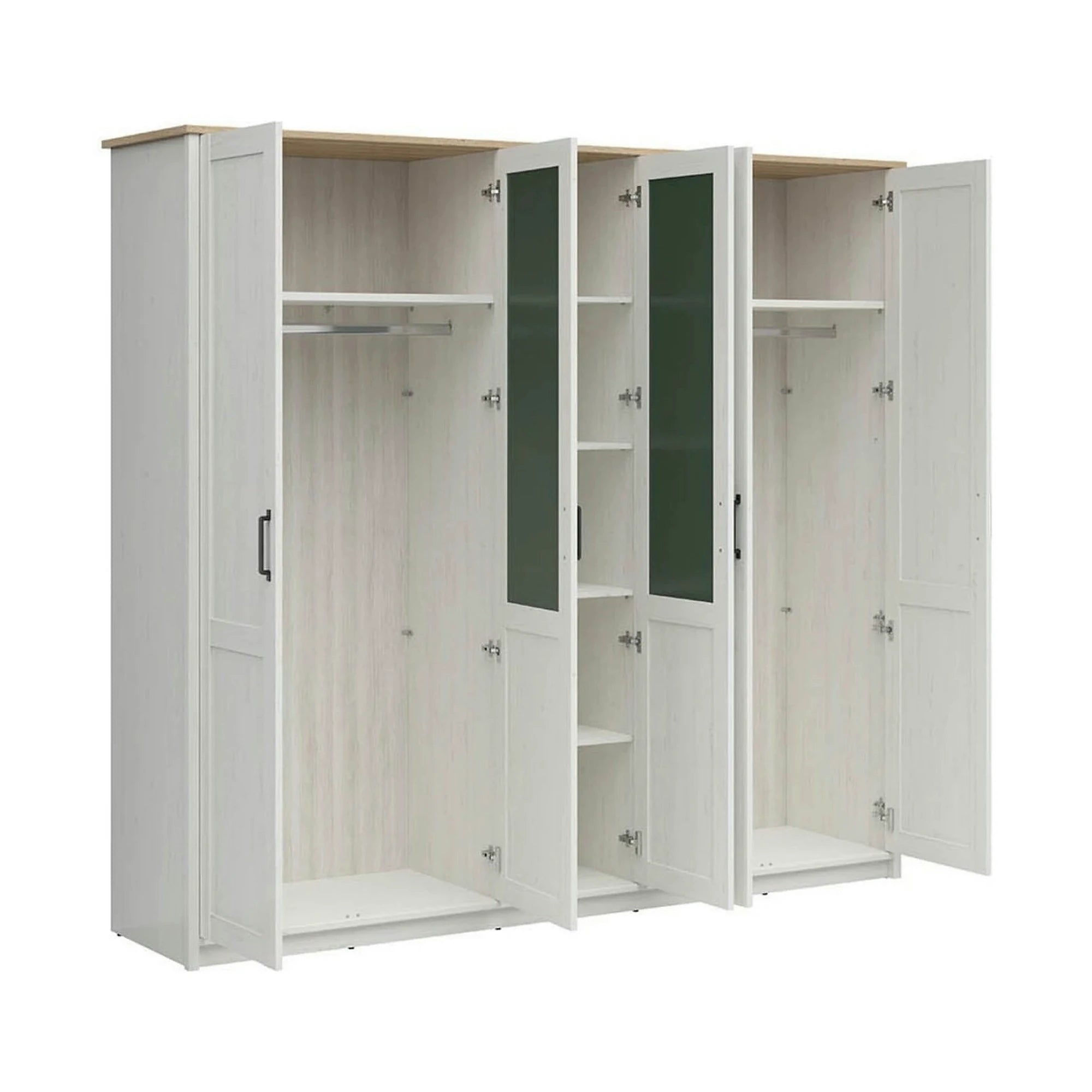 Dressing LOKSA, pin alb/stejar grandson, PAL laminat, cu 5 usi, 241x58x220 cm