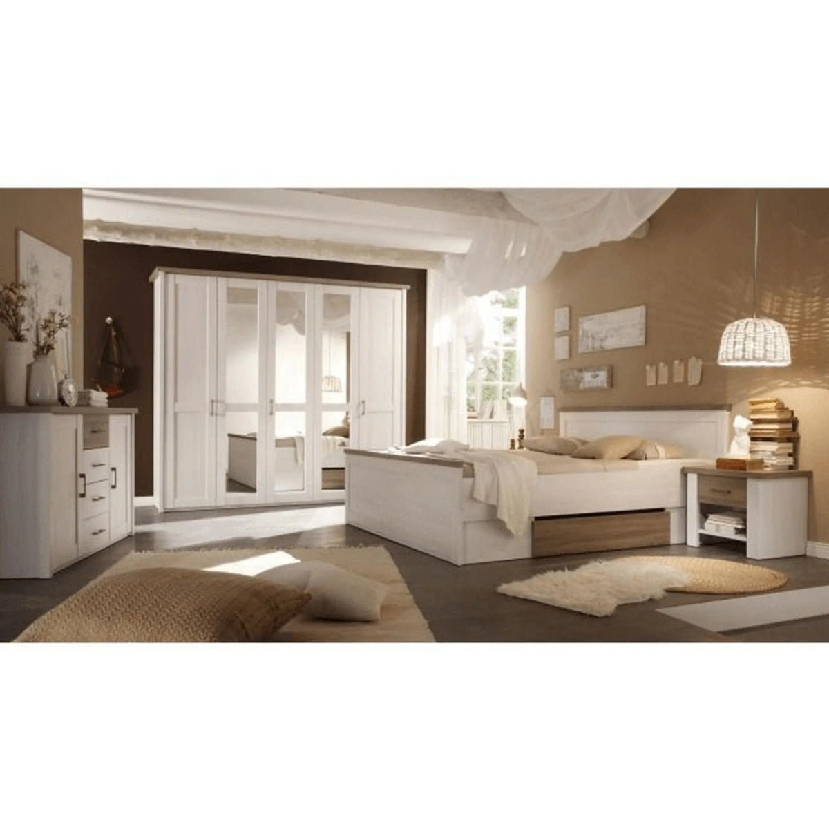 Dressing LUMERA, pin alb/stejar sonoma trufa, PAL melaminat, cu 5 usi, 241x62x212 cm