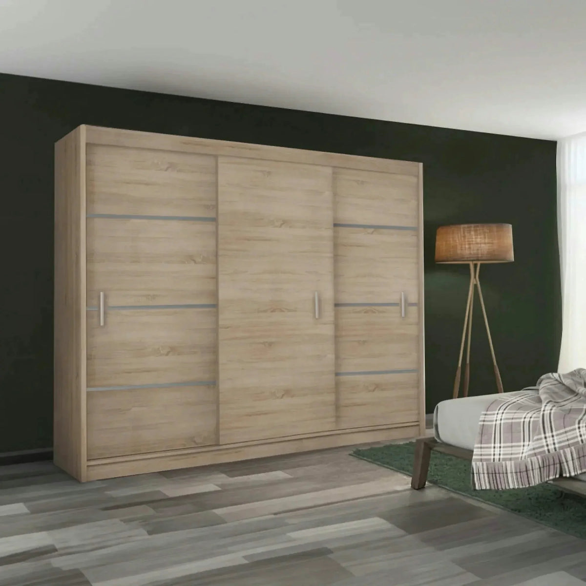 Dressing MERINA 250, stejar sonoma/gri, DTD laminat, cu 3 usi, 250x60x215 cm