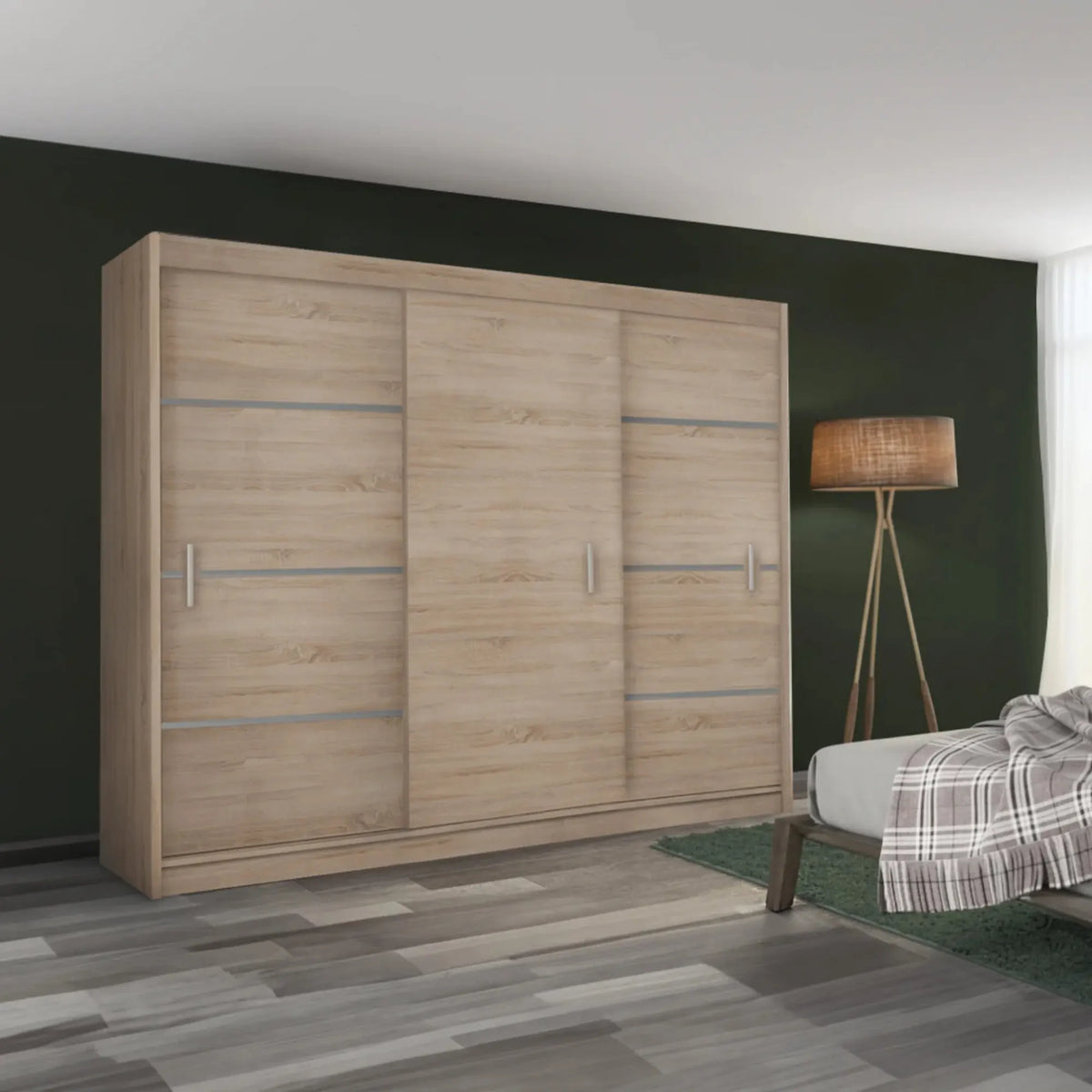 Dressing MERINA 250, stejar sonoma/gri, DTD laminat, cu 3 usi, 250x60x215 cm