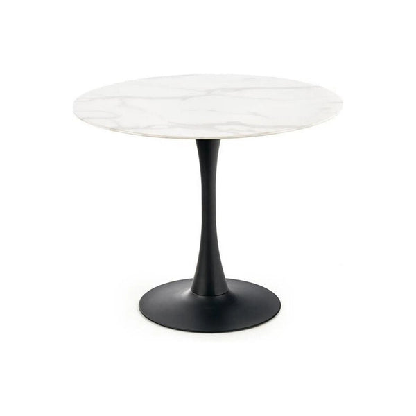 Masa AMBROSIO, alb cu efect de marmura/negru, ceramica/metal, 90x90x72 cm