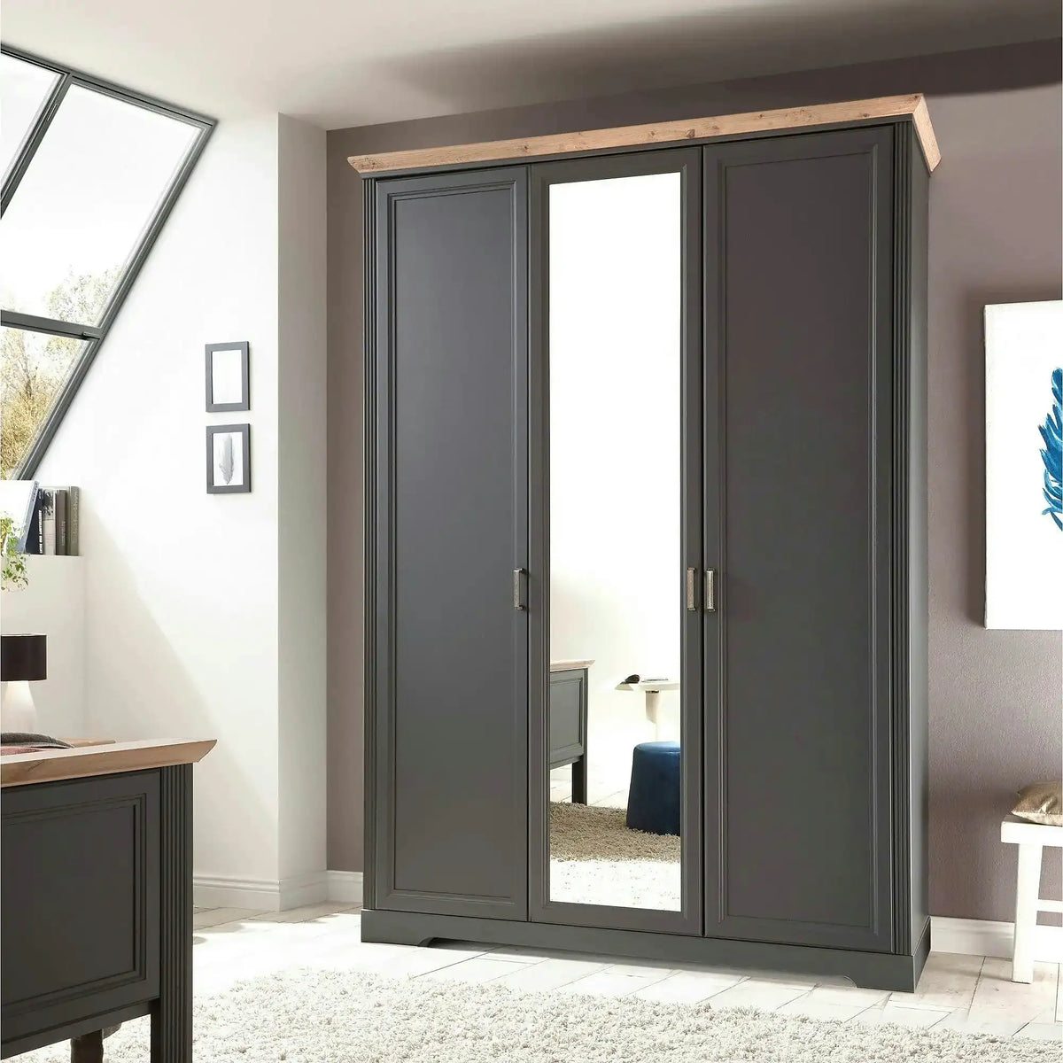 Dulap 3 usi cu oglinda JASMIN, gri grafit/stejar artisan, PAL, 164x64x220 cm