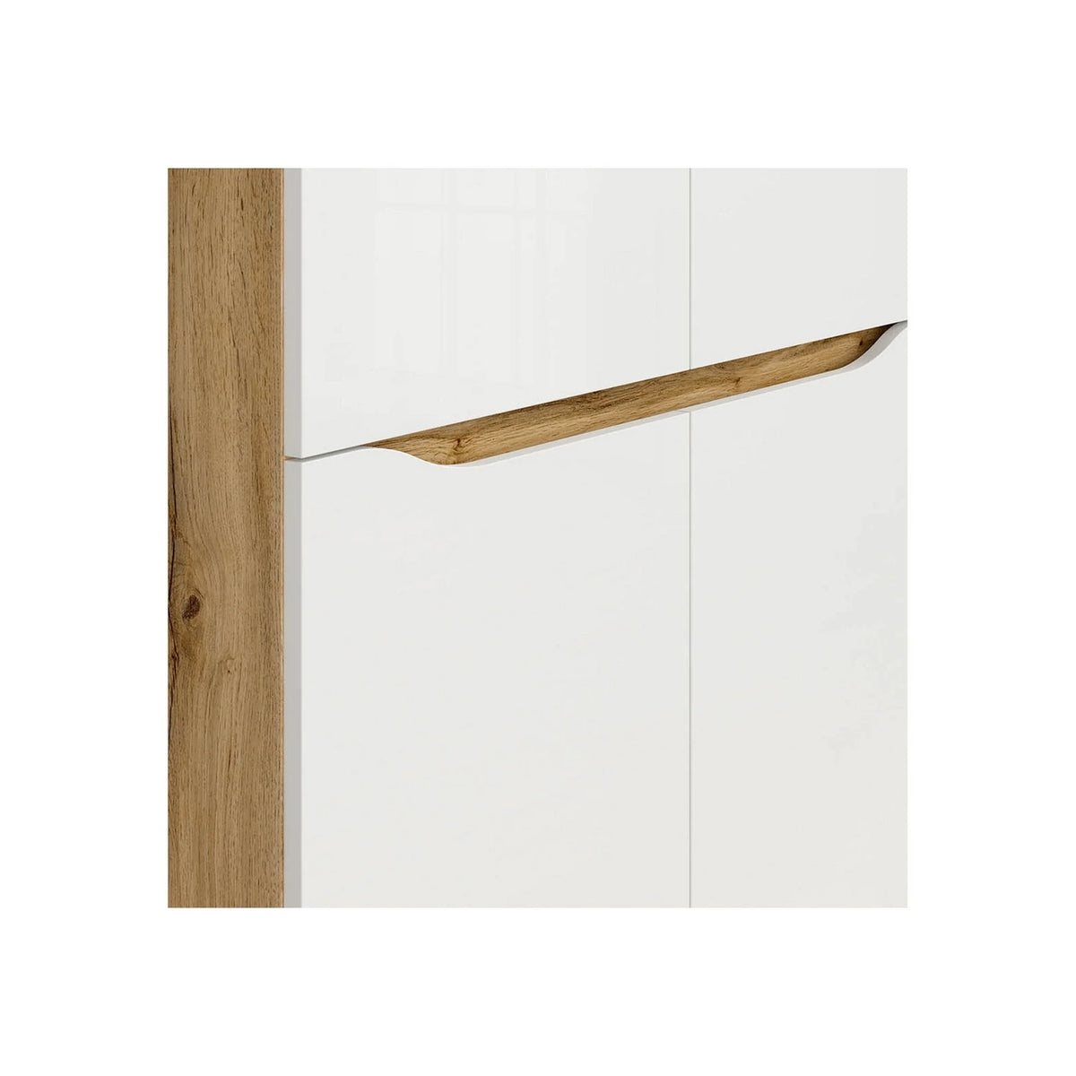 Dulap 90 NUIS, alb lucios/stejar wotan, PAL laminat, cu 4 usi, 90x58x198 cm