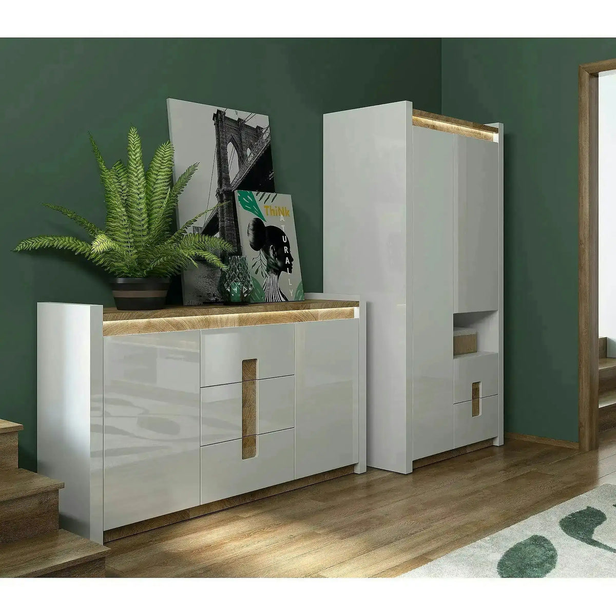 Dulap ALAMEDA, alb/stejar, PAL, cu 2 usi si 4 sertare, 102x60x201 cm