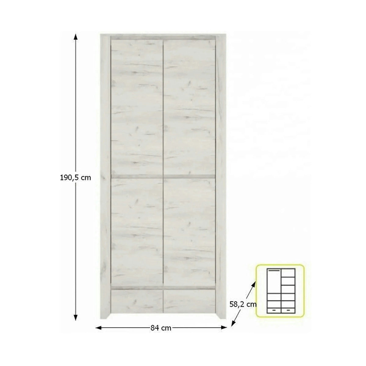 Dulap ANGEL tip 20, alb craft, PAL melaminat, cu 2 usi, 84x58x191 cm