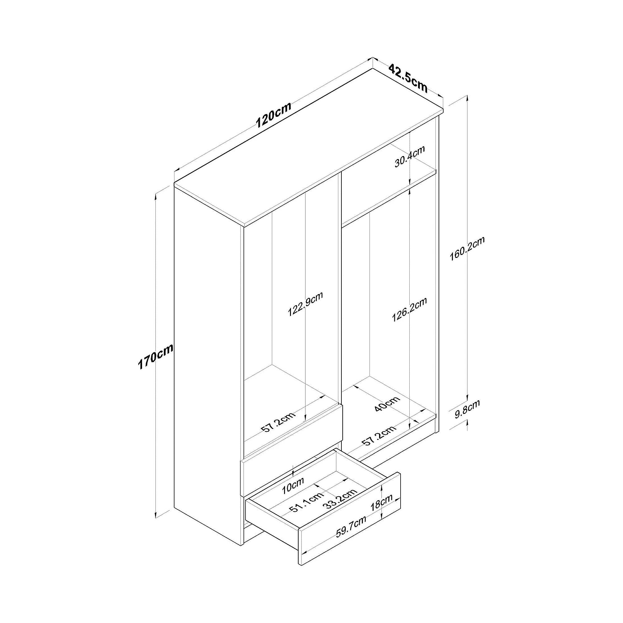 Dulap BA108-2067, alb/nuc, PAL melaminat, cu 4 usi si 2 sertare, 120x43x170 cm