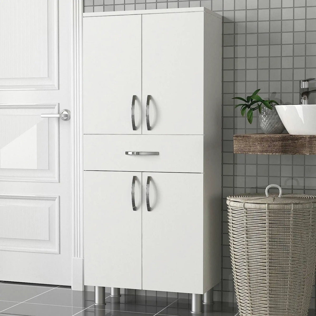 Dulap baie 731WAT3910, alb, PAL melaminat, cu 4 usi si un sertar, 59x32x140 cm