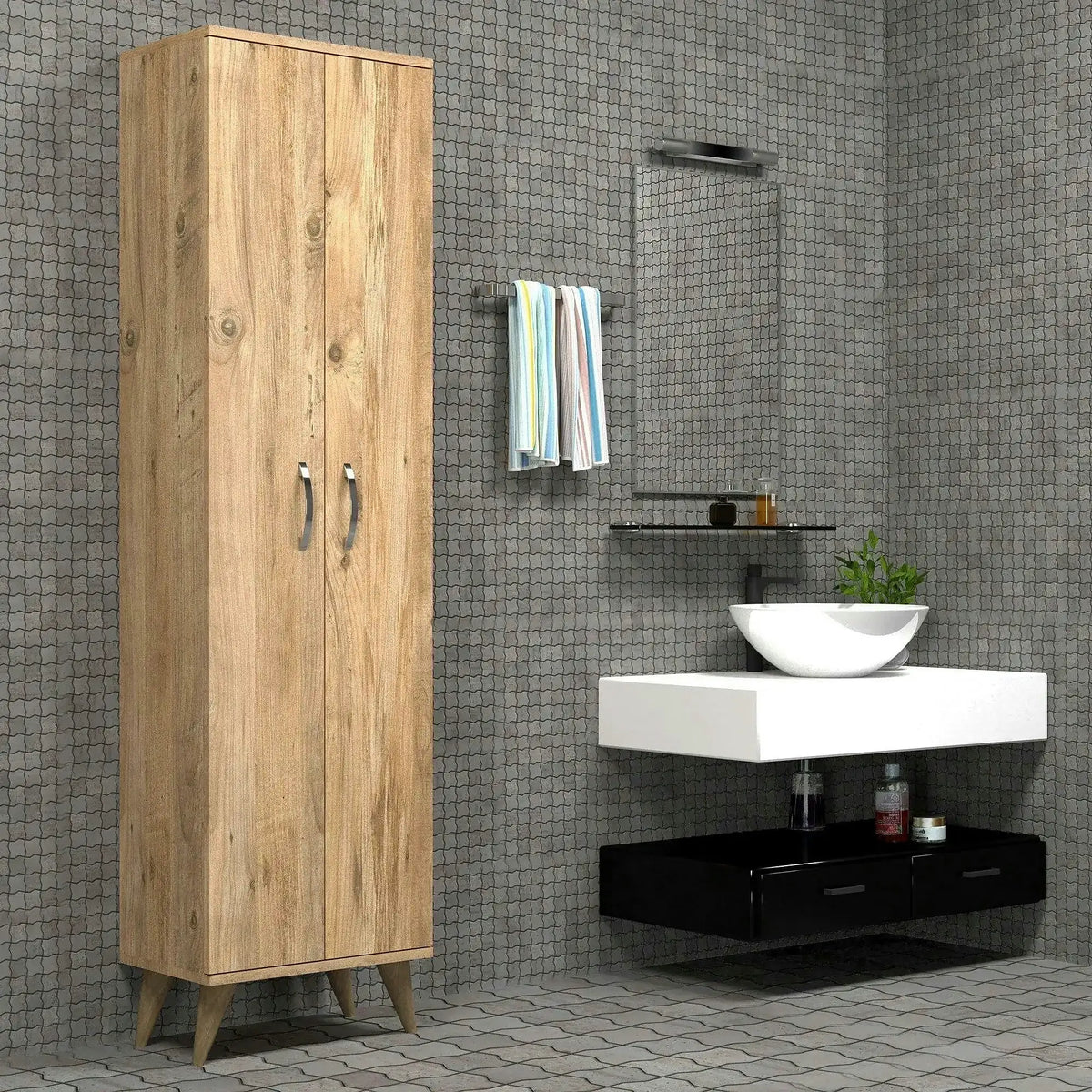 Dulap baie BDL0102, stejar, PAL melaminat, cu 2 usi, 49x32x185 cm