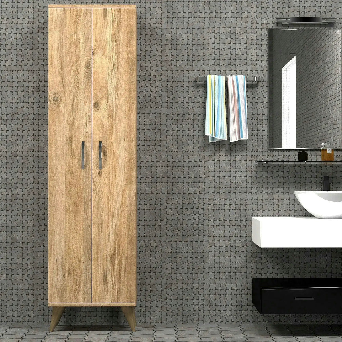 Dulap baie BDL0102, stejar, PAL melaminat, cu 2 usi, 49x32x185 cm