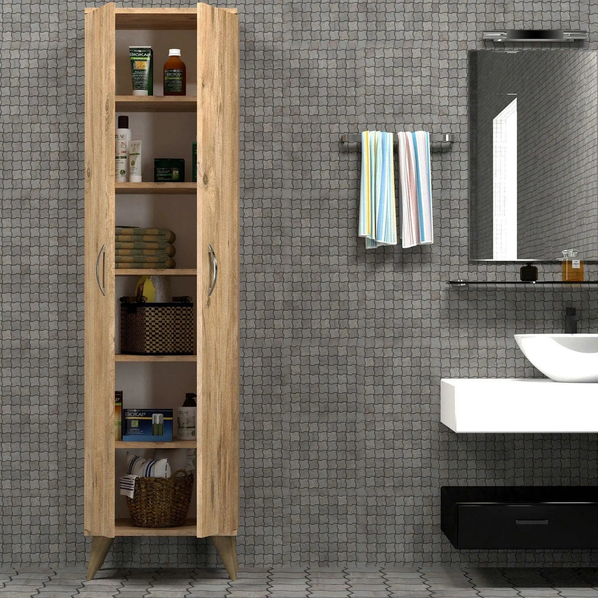 Dulap baie BDL0102, stejar, PAL melaminat, cu 2 usi, 49x32x185 cm
